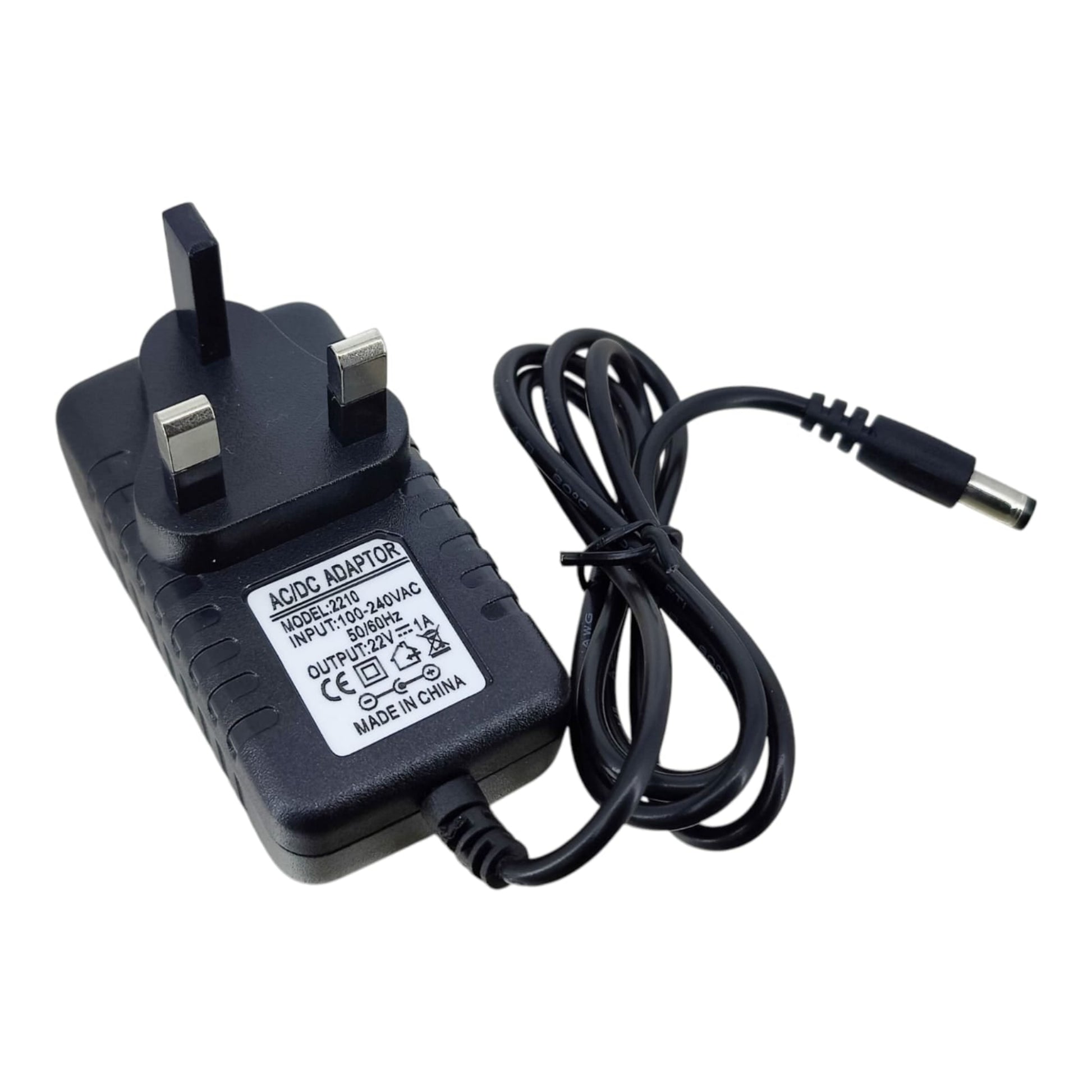 22V 1A AC/DC power adapter with UK three-pin plug and 5.5mm connector