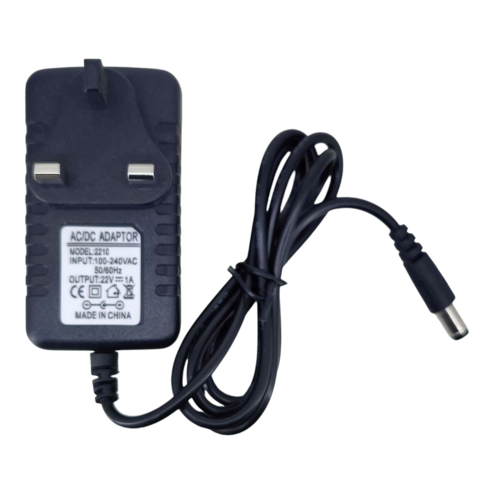 22V 1A power adapter label showing output details and CE certification