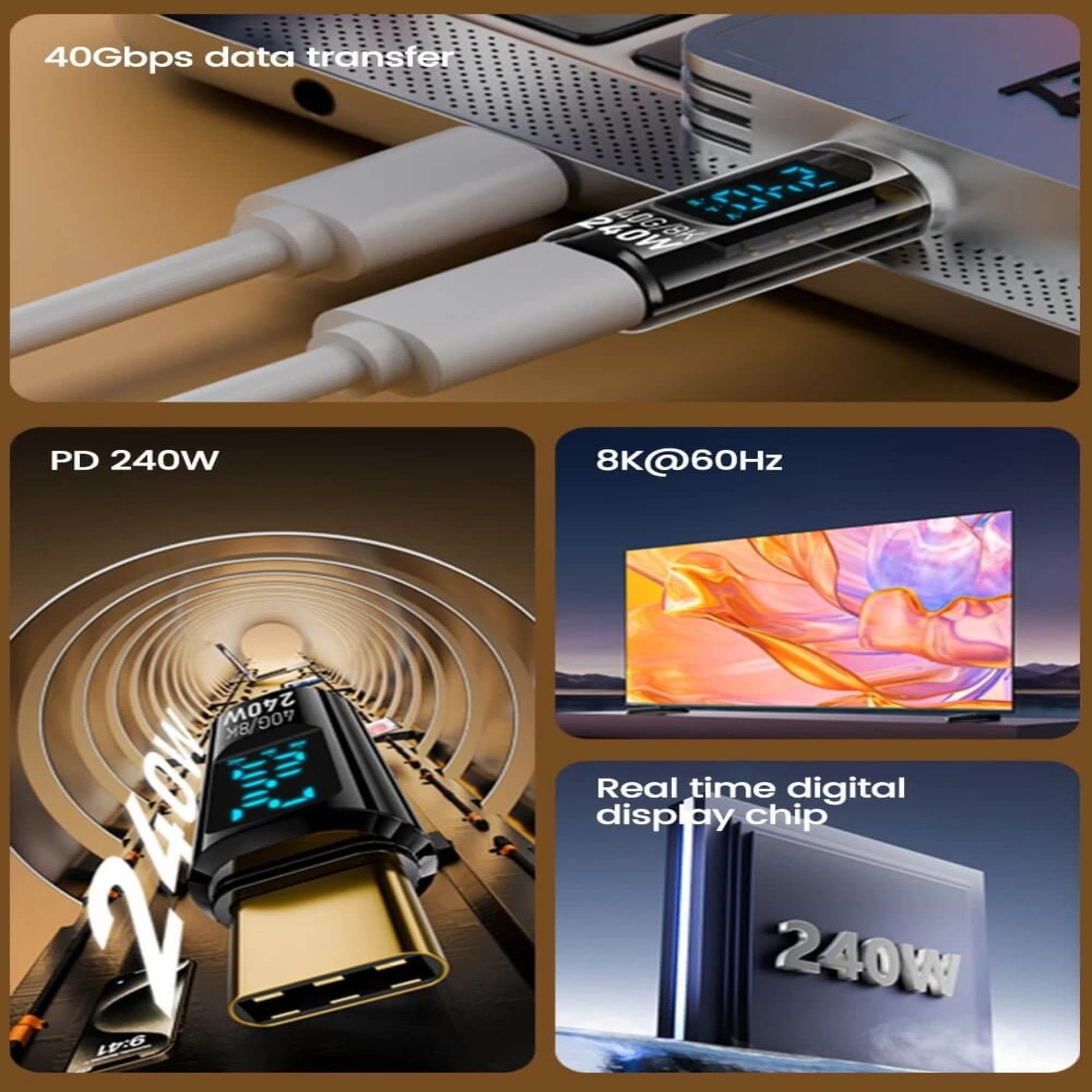 240W Type-C to Type-C Tester showcasing 40Gbps data transfer, 8K resolution, and real-time digital display.