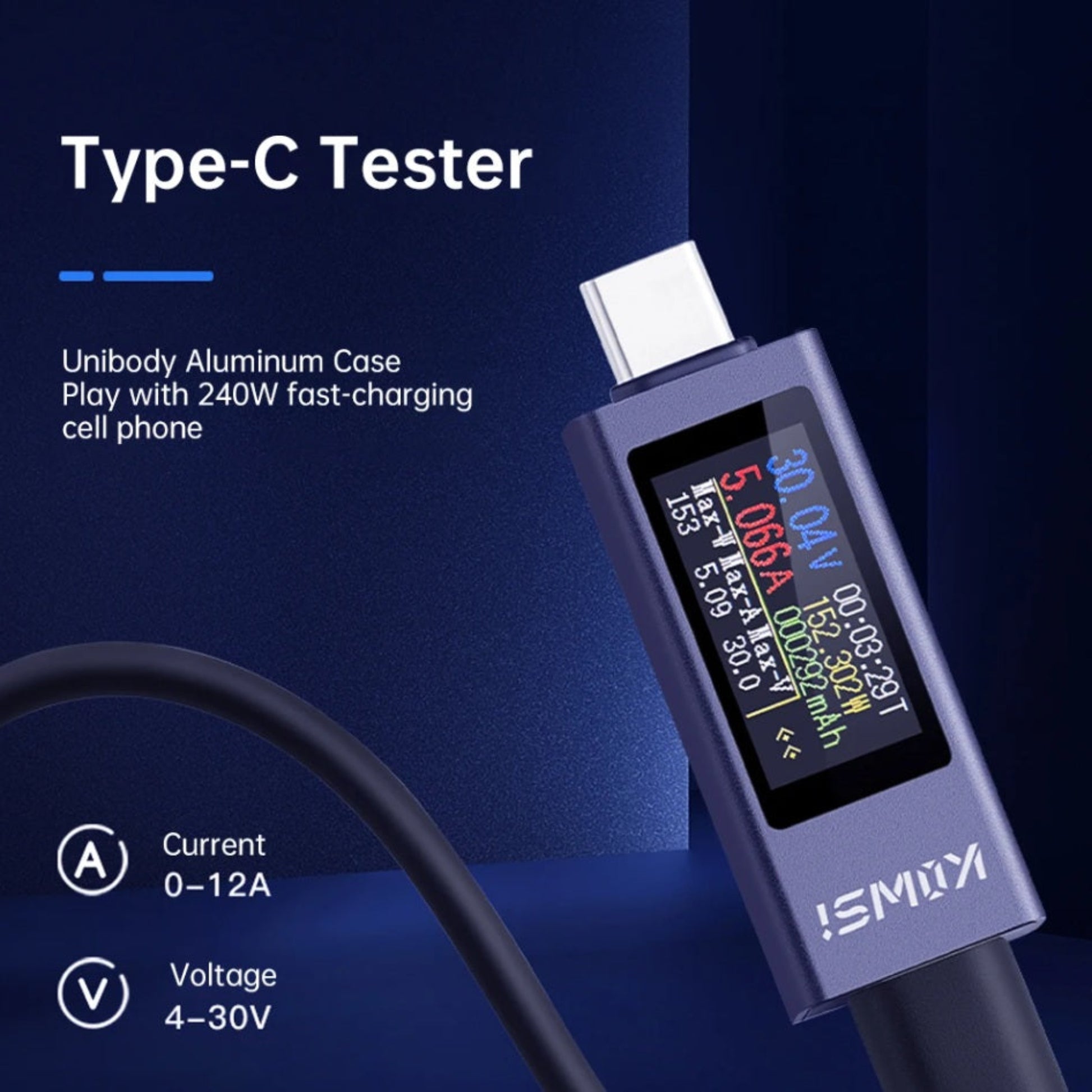 240W Type-C tester in unibody aluminum case monitoring high-current fast charging for cell phones.