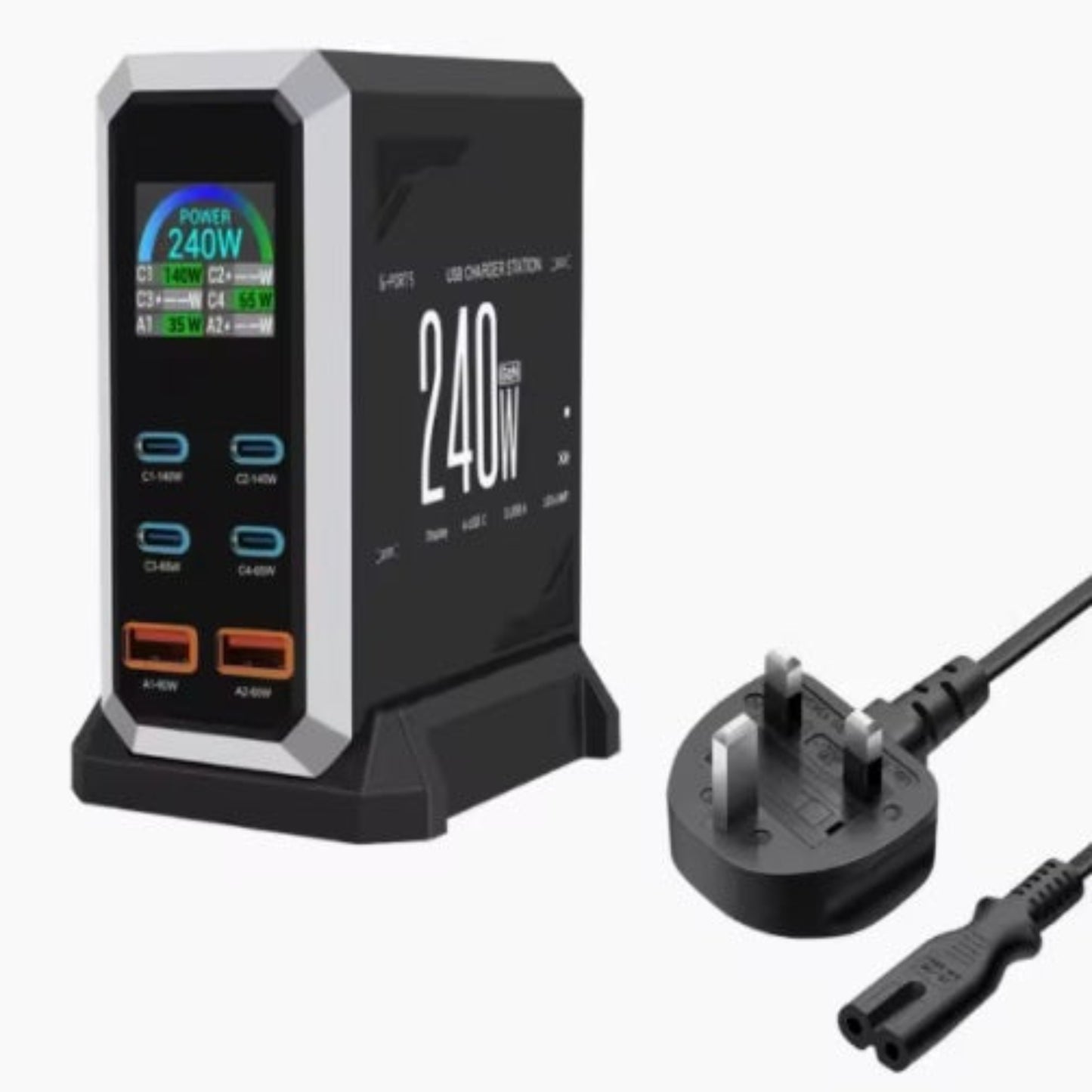 240W GaN3 USB-C charging station with digital power display and UK 3-pin power cord for desktop use.