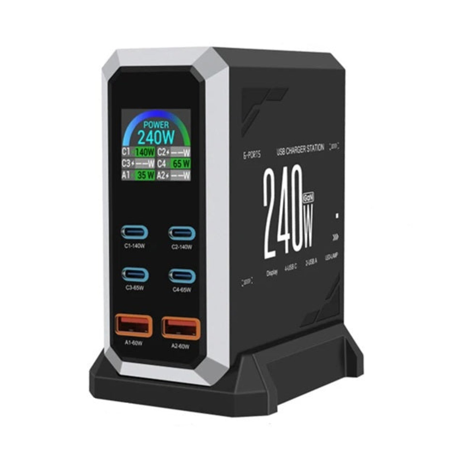 240W GaN3 6-port desktop charging station with real-time digital power display for multiple devices.
