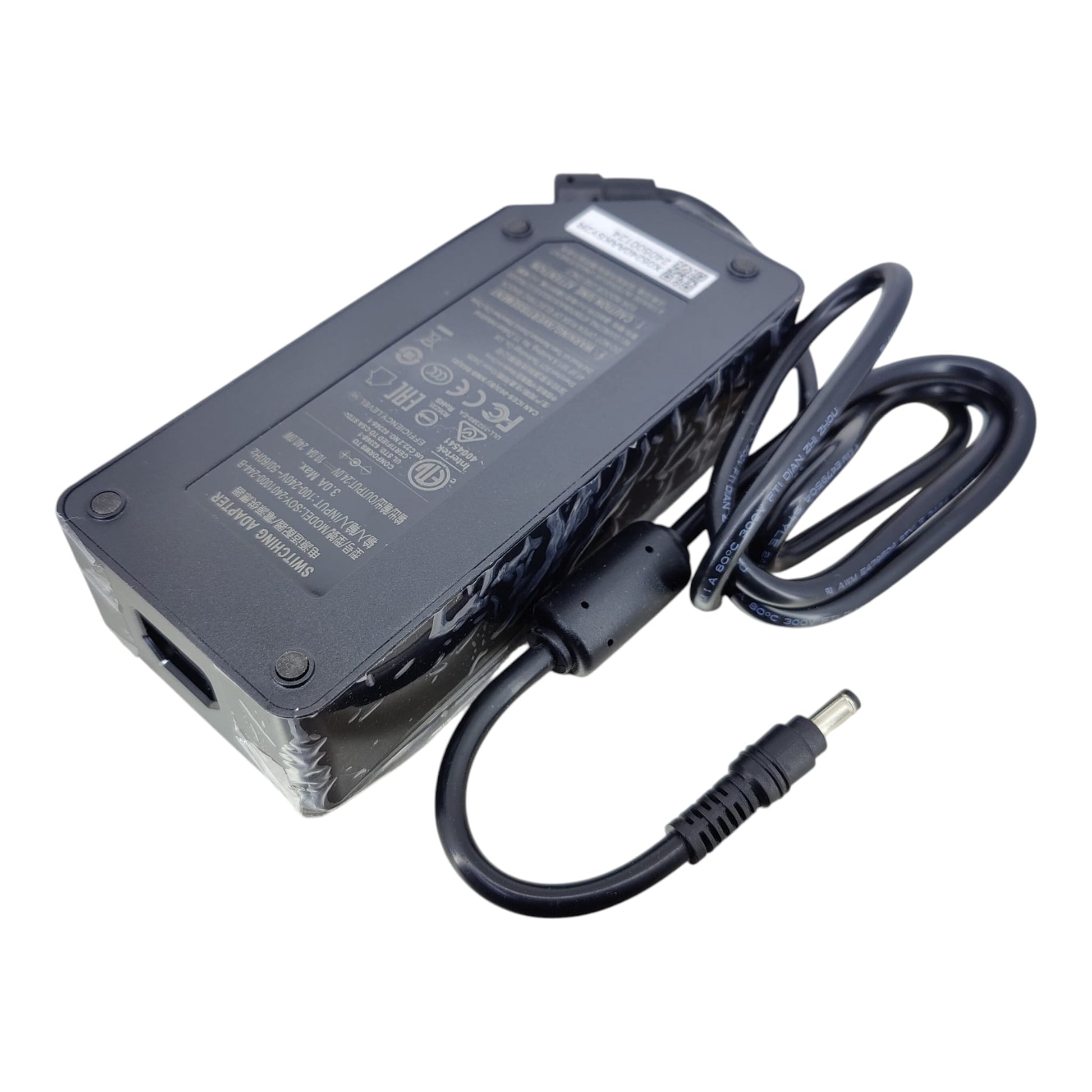 Black power adapter with cable on a white background