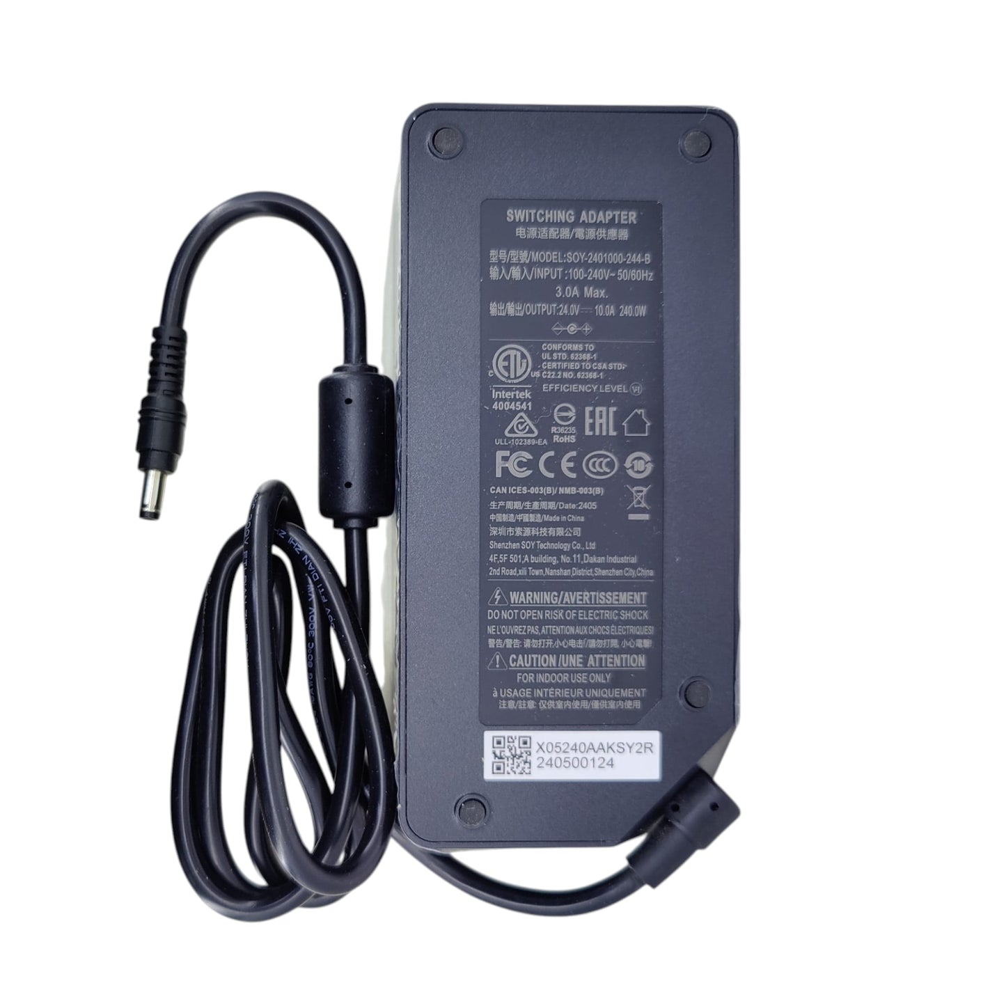 Front view of the 24V 10A 240W switching power adapter showing safety certifications.