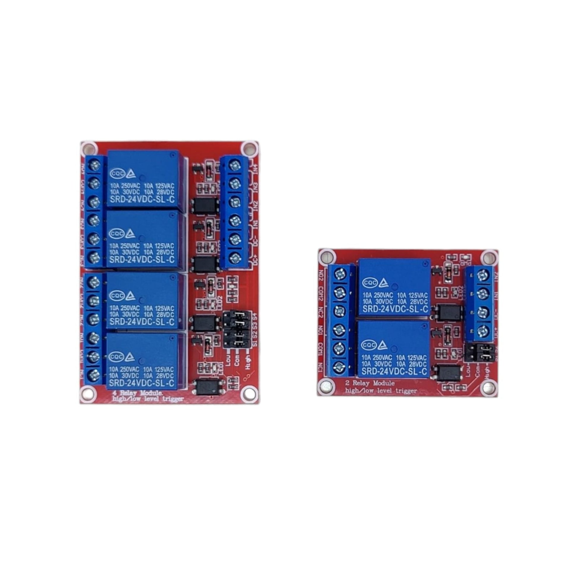 Top-down comparison of the 2-channel and 4-channel 24V relay modules.