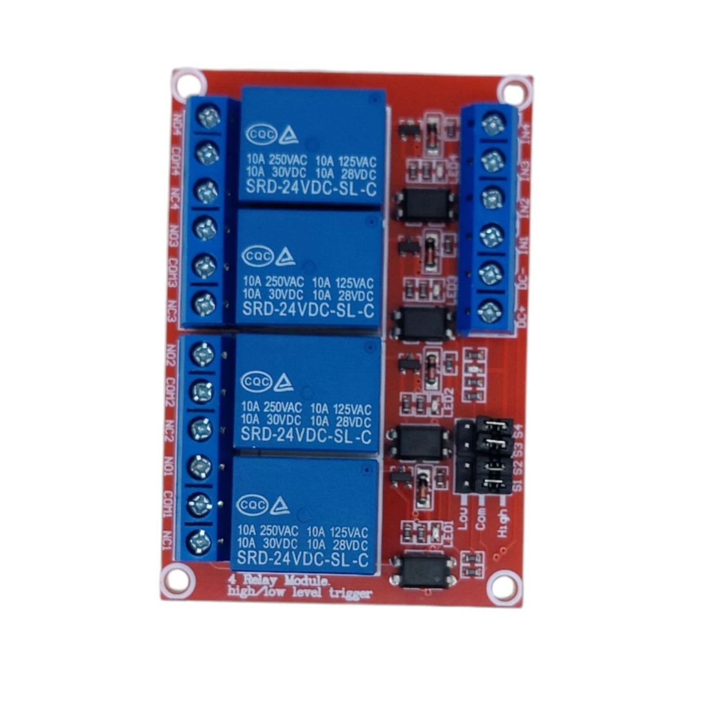 Close-up of the 4-channel 24V relay module with optocoupler isolation.