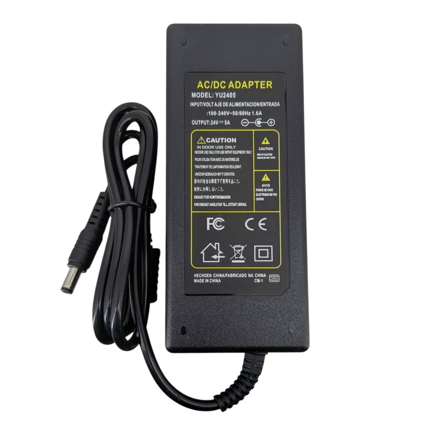 24V 5A 火牛機身規格標籤特寫，清晰顯示型號 YU2405、輸入輸出電壓及安全認證。
