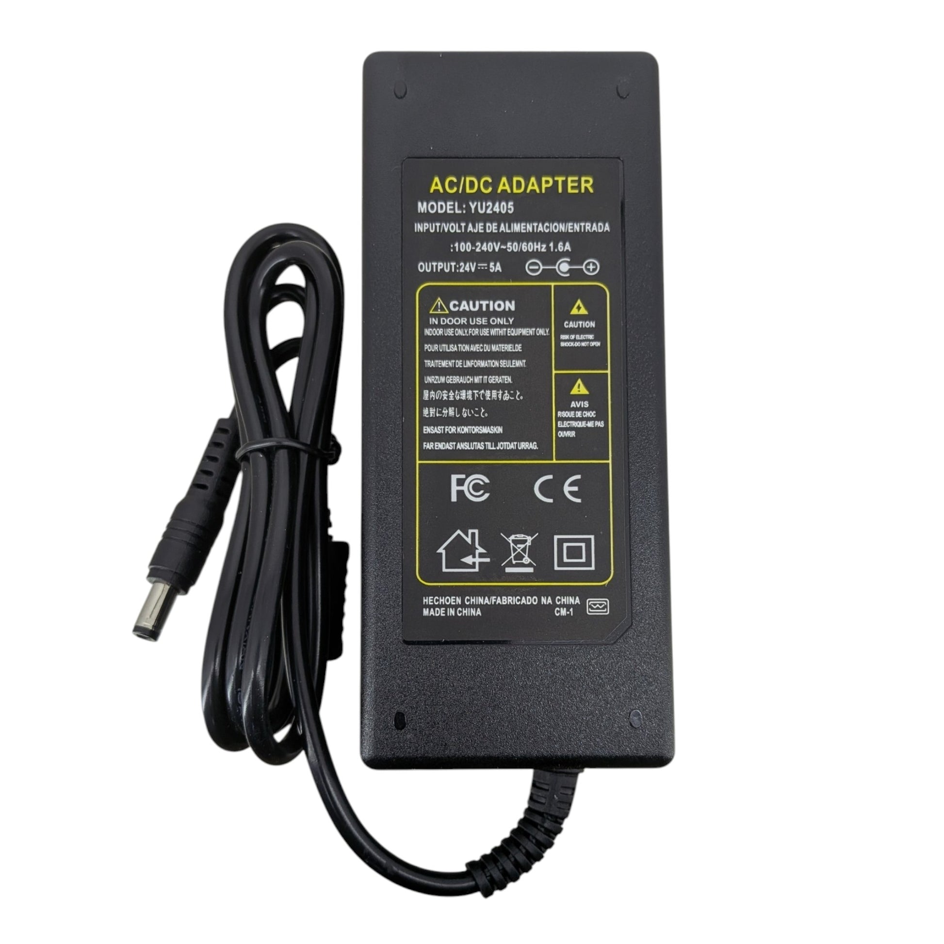 24V 5A 火牛機身規格標籤特寫，清晰顯示型號 YU2405、輸入輸出電壓及安全認證。