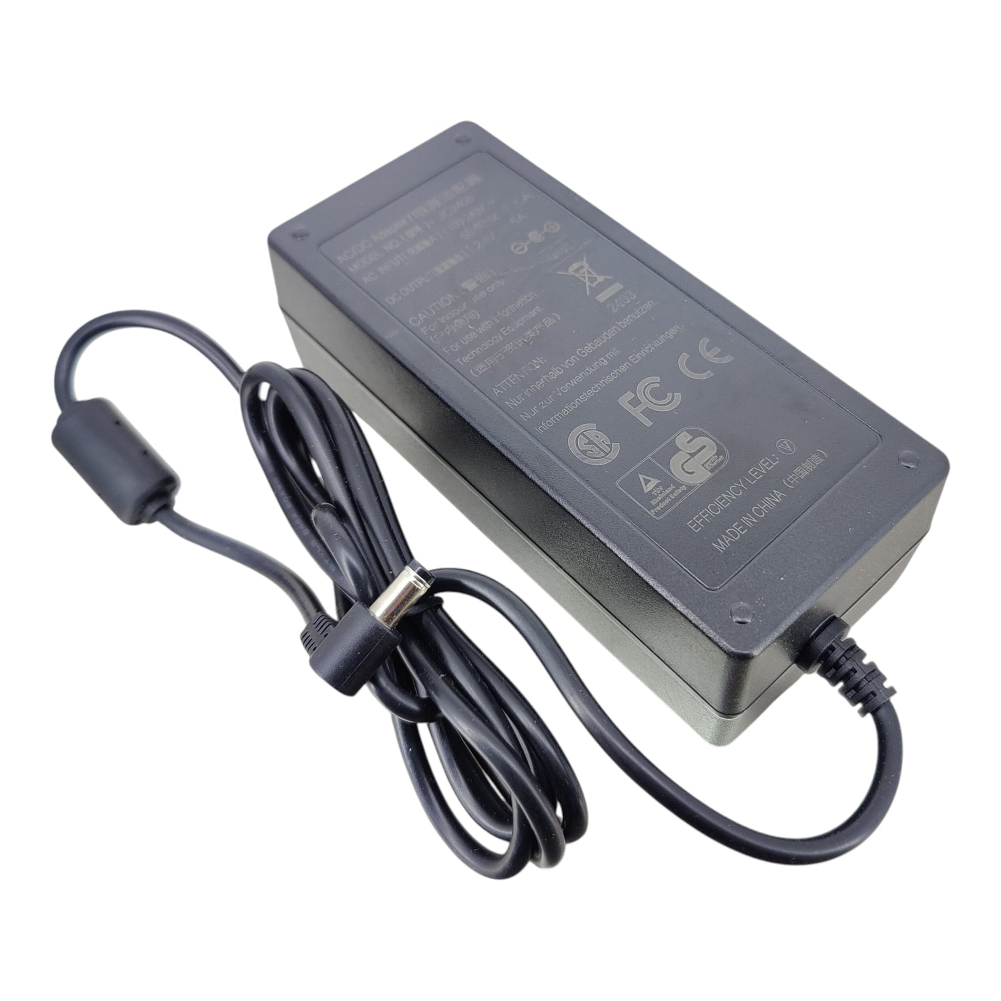 Top view of 24V 5A AC/DC power adapter with attached DC cable.
