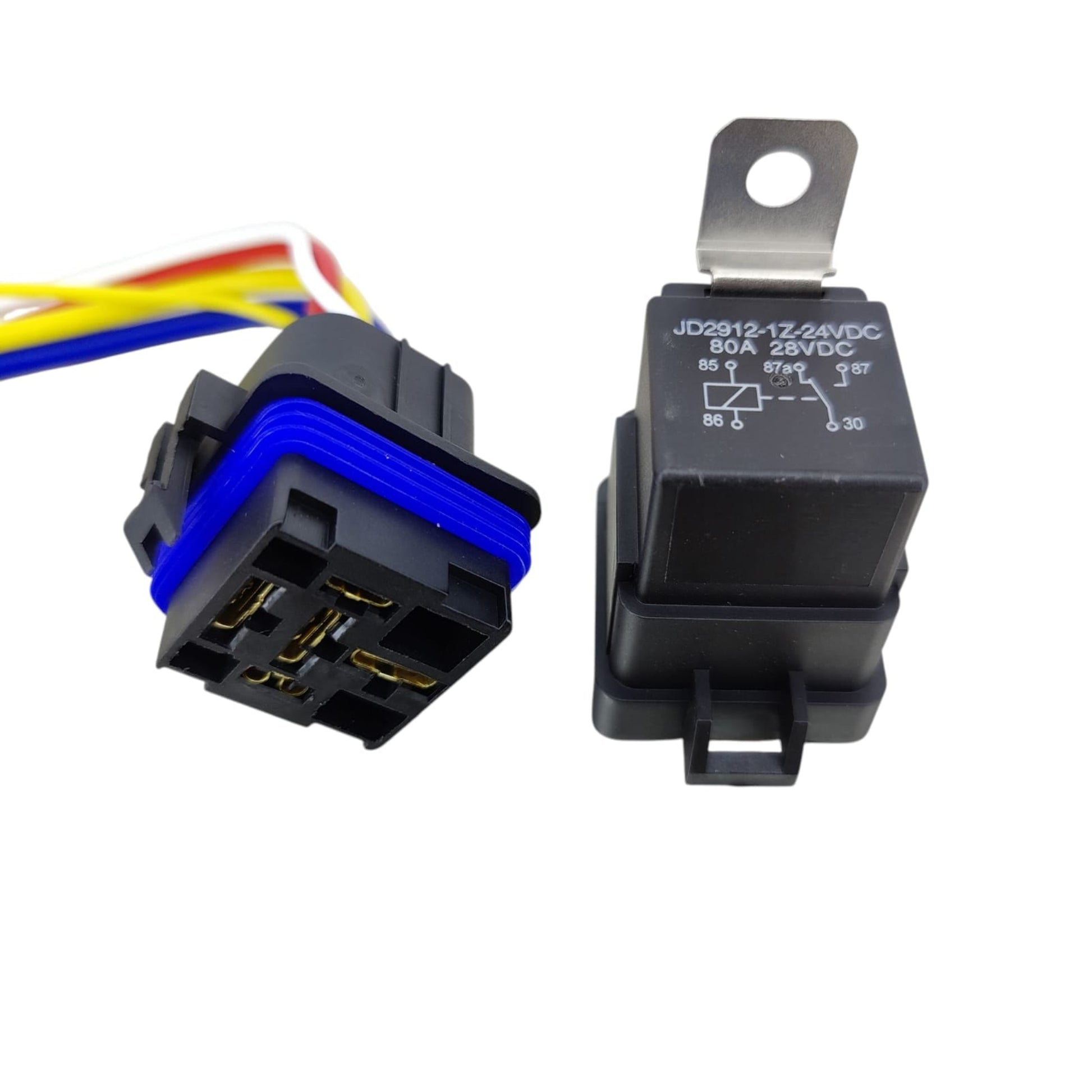 A 24V 80A 5-pin SPDT waterproof relay and socket kit for heavy-duty automotive use.