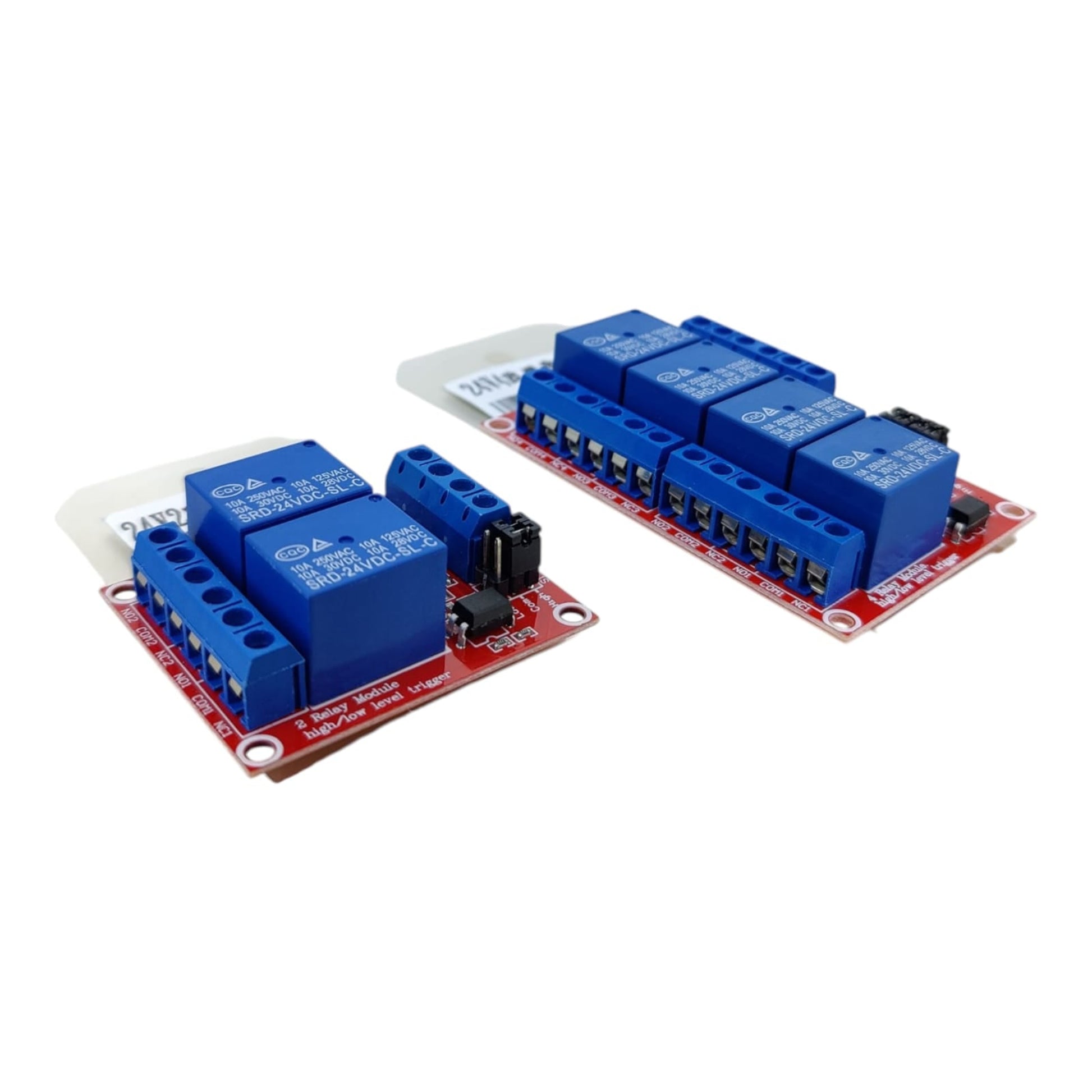 Angled view of the 2 and 4-channel 24V relay modules, highlighting high/low trigger selection.