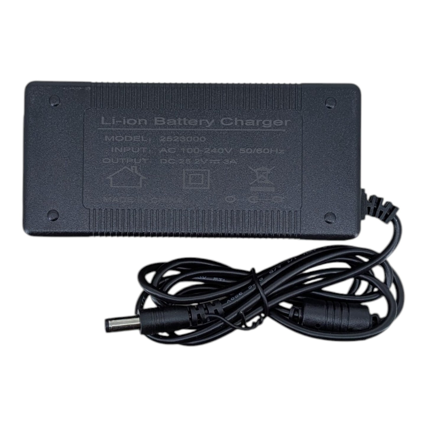 Top view of the 25.2V 3A Li-ion battery charger showing the model 2523000 label and universal AC input specs.