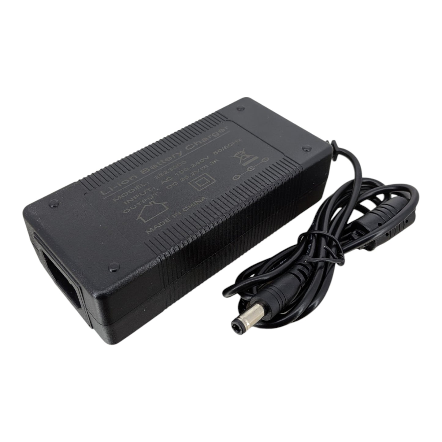 Bottom profile of the black 25.2V 3A Li-ion charger, featuring a durable, heat-dissipating casing for safe battery charging.