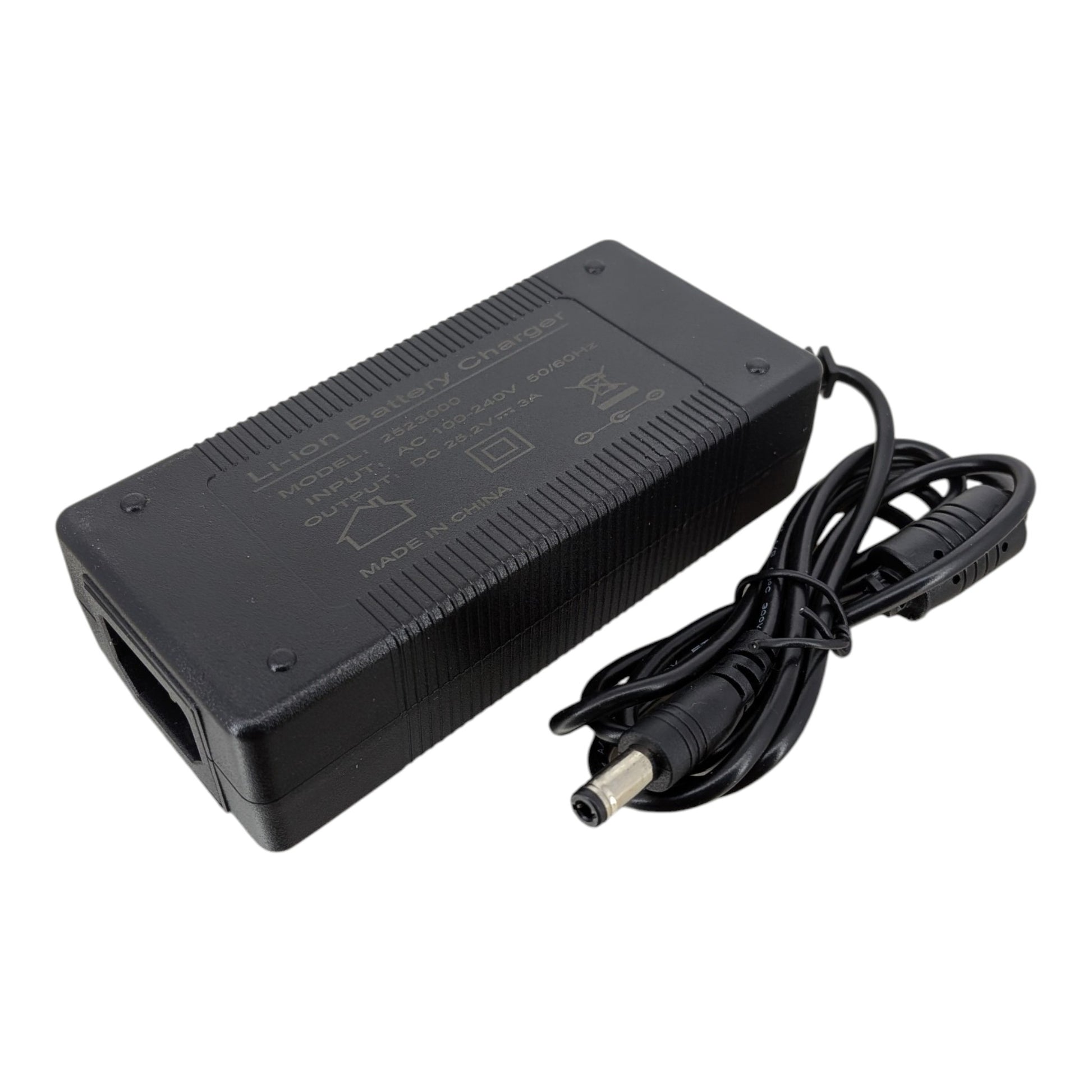Bottom profile of the black 25.2V 3A Li-ion charger, featuring a durable, heat-dissipating casing for safe battery charging.
