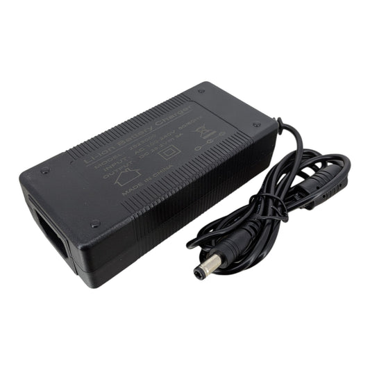 Bottom profile of the black 25.2V 3A Li-ion charger, featuring a durable, heat-dissipating casing for safe battery charging.