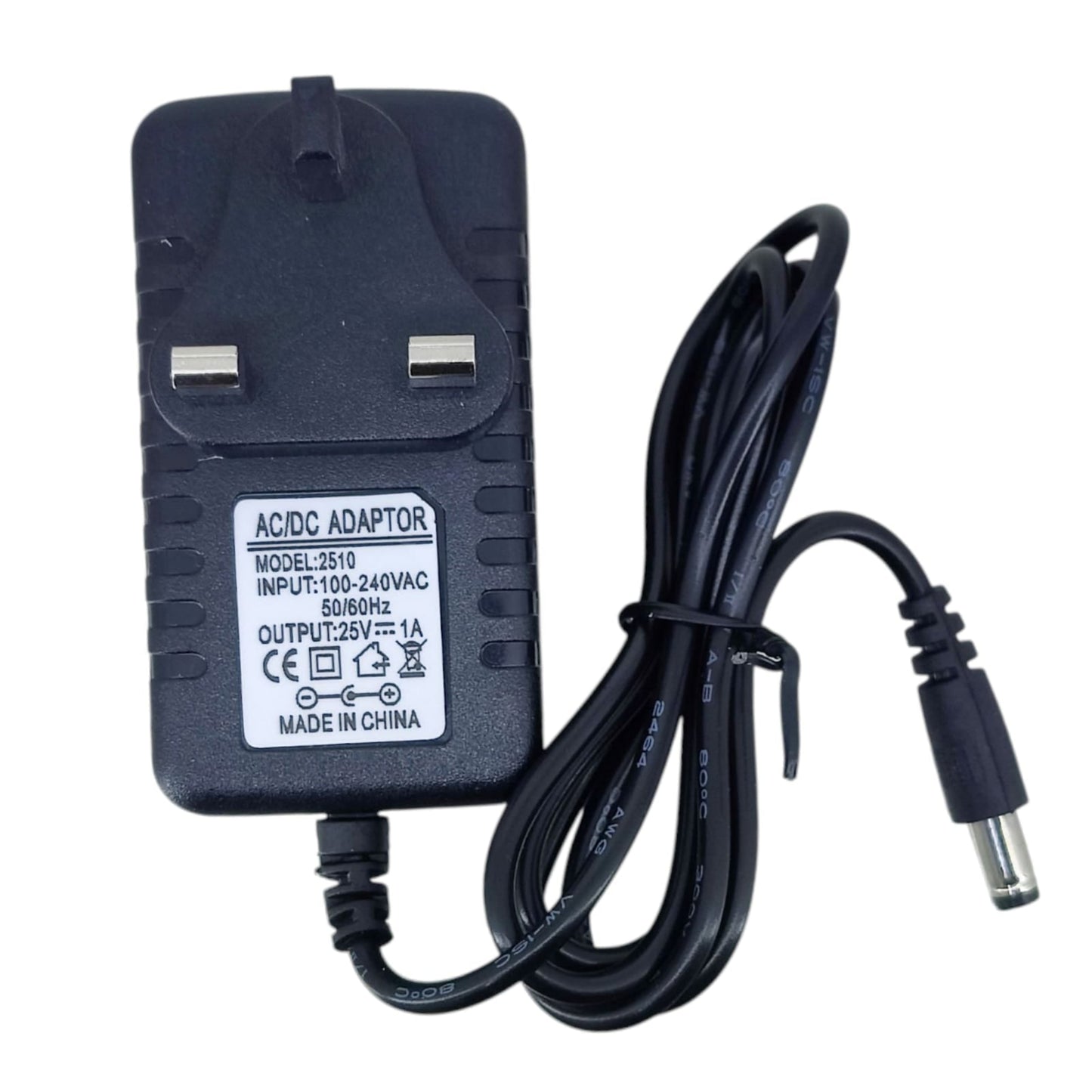 Close-up of the label on a 25V 1A AC/DC power adapter showing technical specifications.