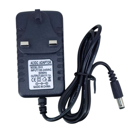 Close-up of the label on a 25V 1A AC/DC power adapter showing technical specifications.