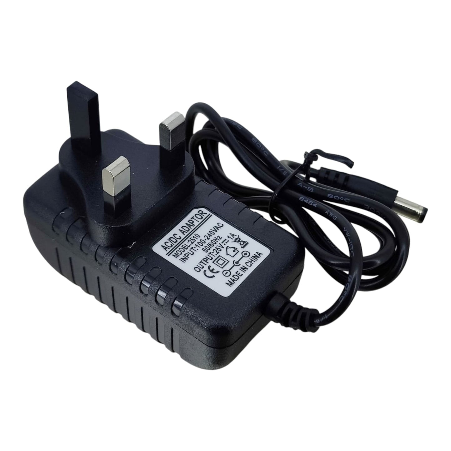 A 25V 1A AC/DC power adapter with a 3-pin UK plug.