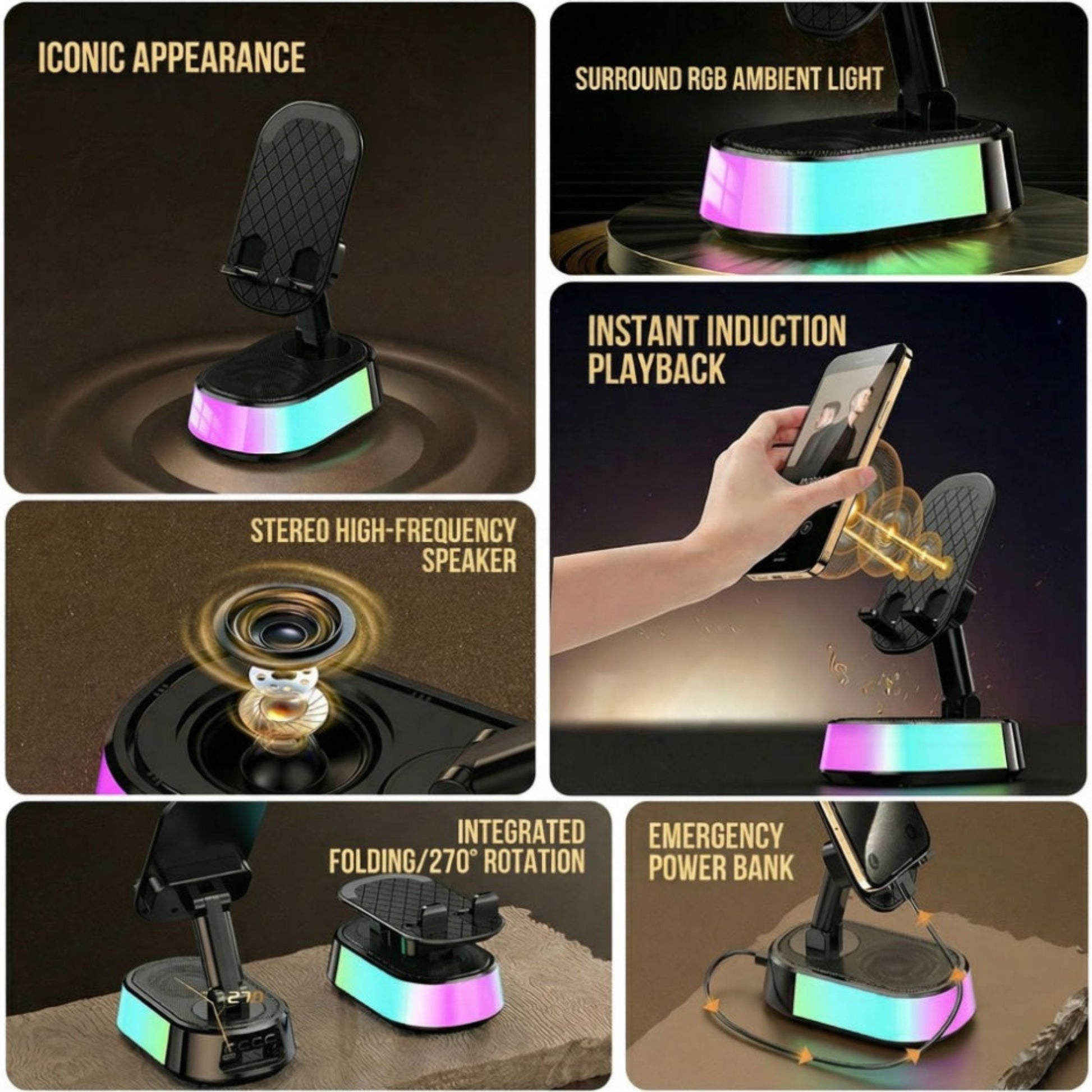 Demonstration of the 270-degree multi-angle rotation and fully foldable design of the portable desktop phone holder.
