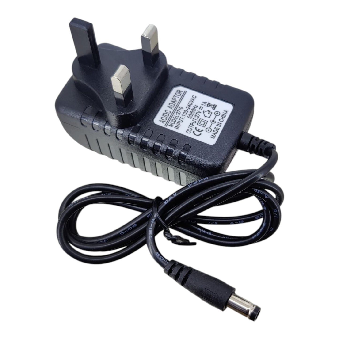 Angled view of the 27V 1A charger showing the UK plug and DC connector cable.