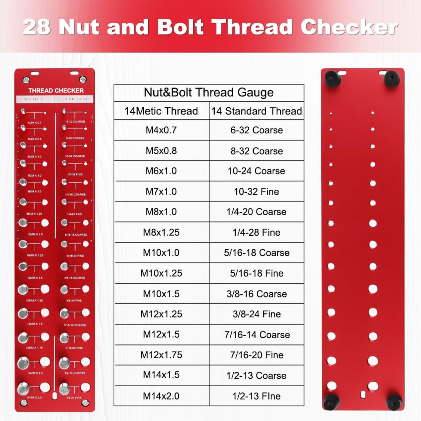 28-in-1 Nut and Bolt Thread Checker, Metric and Standard sizes for quick identification of nut and bolt thread sizes.