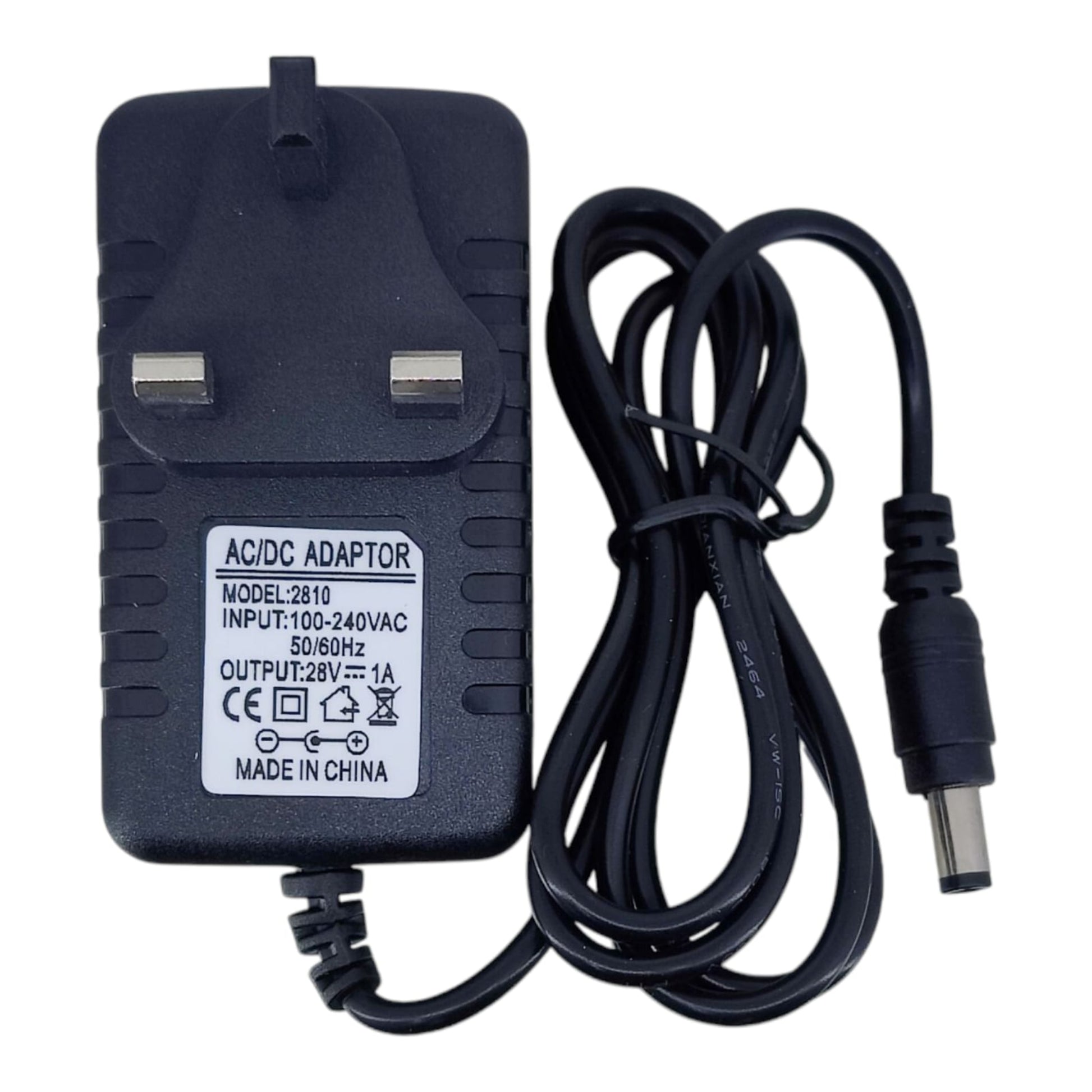 Top view of the 28V 1A AC/DC adapter with UK plug, showing the 100-240V input and 28V 1A output specification label.