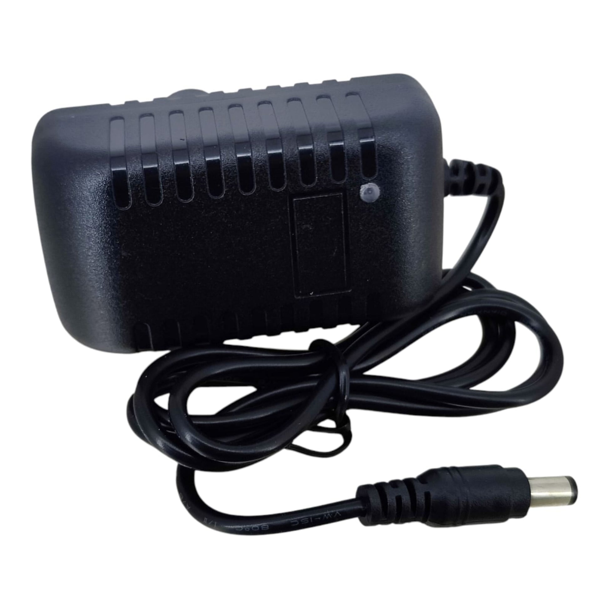 Side profile of the black 28V 1A power adapter, showing the LED indicator light and coiled cable.