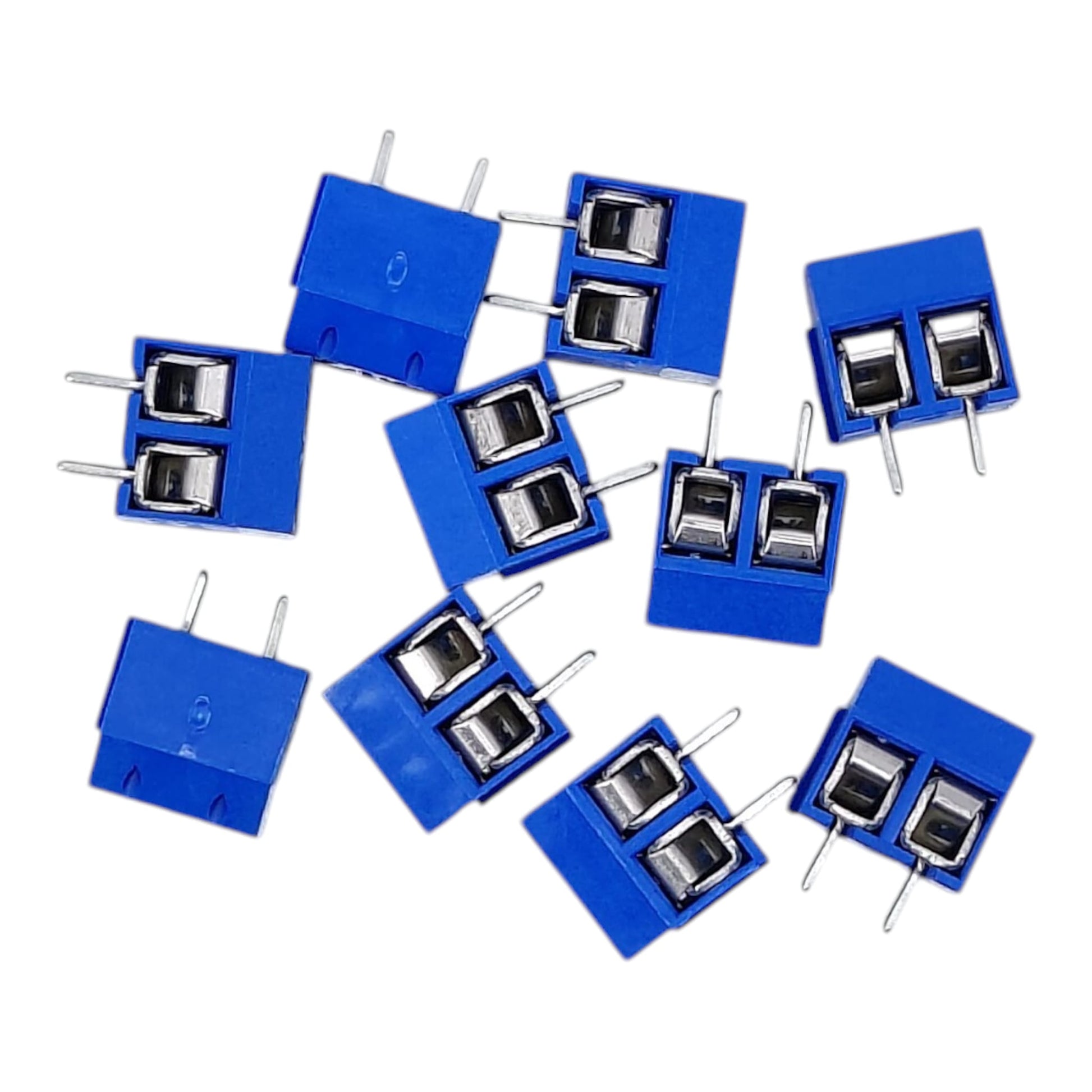 10 pieces of 2-pin blue PCB screw terminal blocks supporting 24-14 AWG wire for electronics DIY.