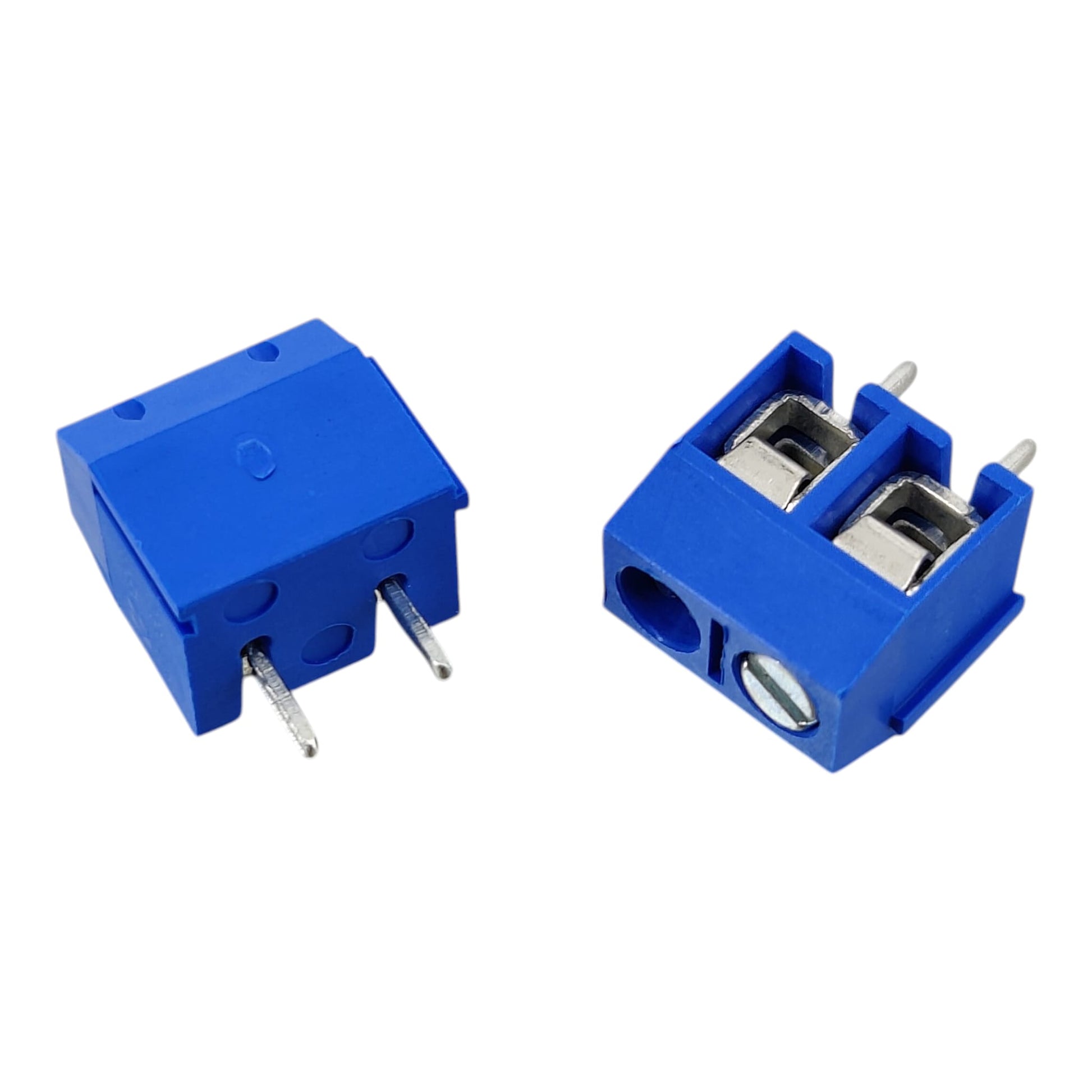 Close-up of 2-pin blue PCB terminal block showing screw-down mechanism and through-hole solder pins.