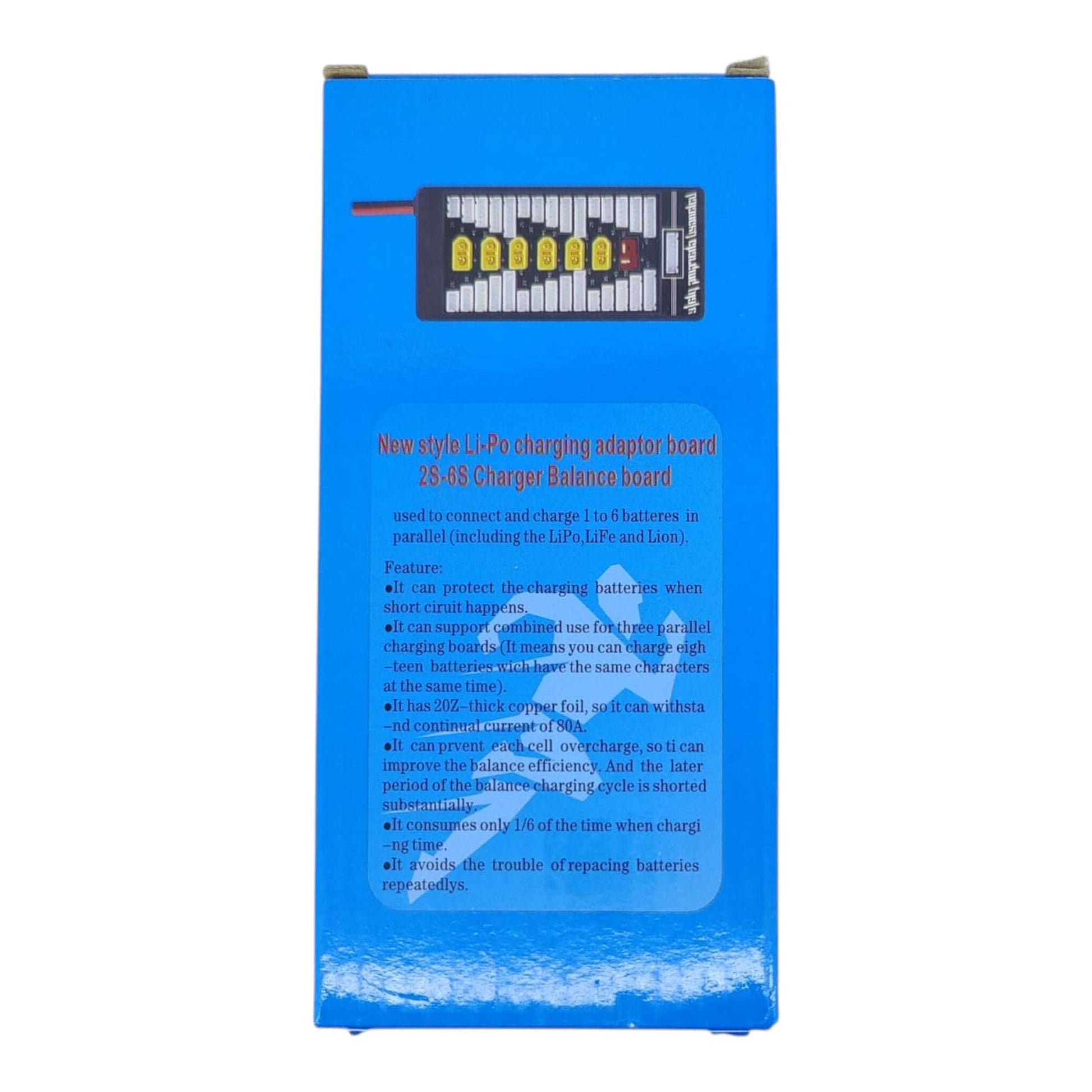 Back of the product box with English features listed for the 2S-6S Li-Po charging adaptor board.