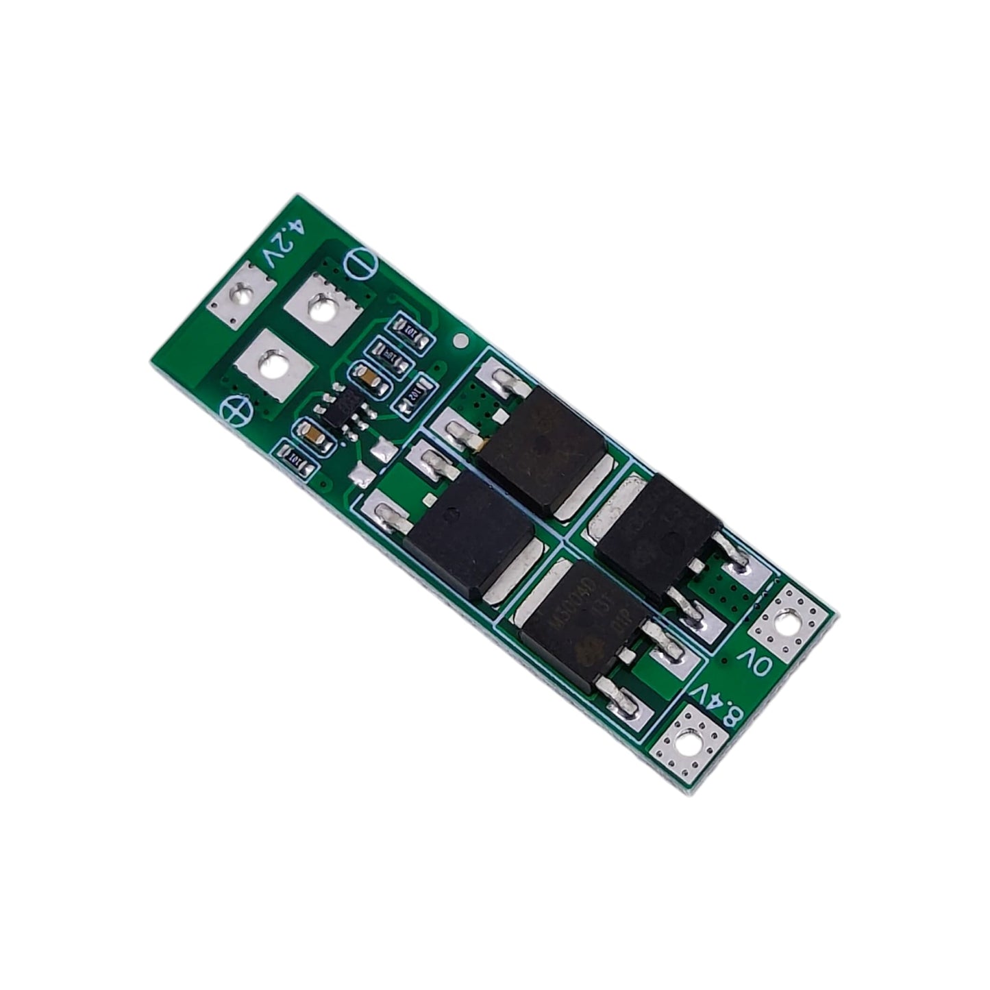 Front view of 2S 7.4V 15A lithium battery protection board showing MOSFETs.