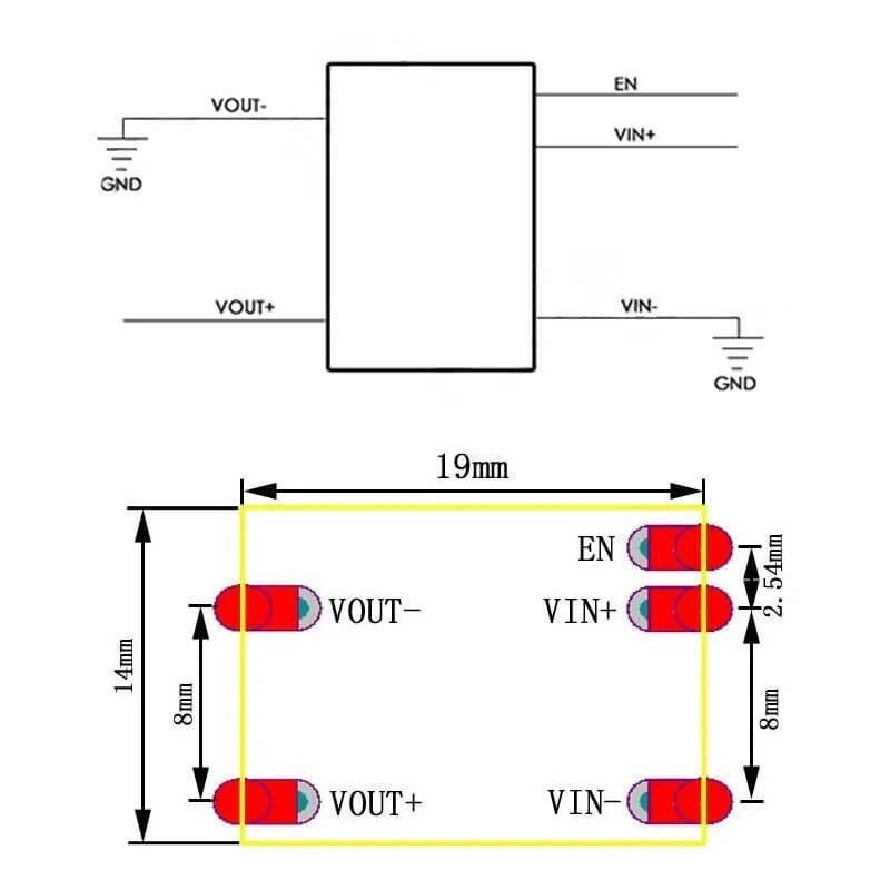 S09 DC-DC Buck Boost Module pin configuration diagram with dimensions for electronic DIY projects.