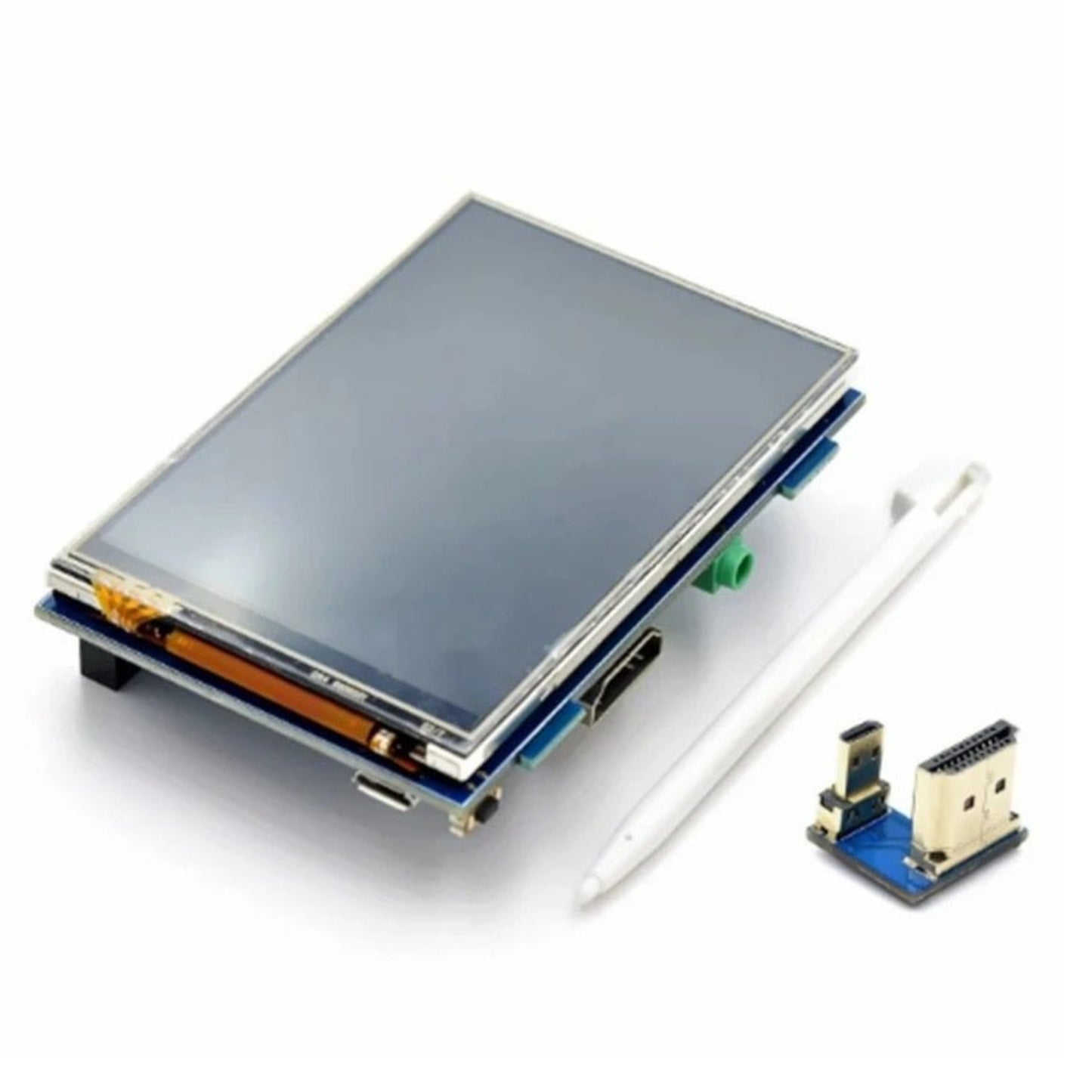 3.5 inch LCD touch screen display for Raspberry Pi, includes HDMI connector, stylus, and touch control components.