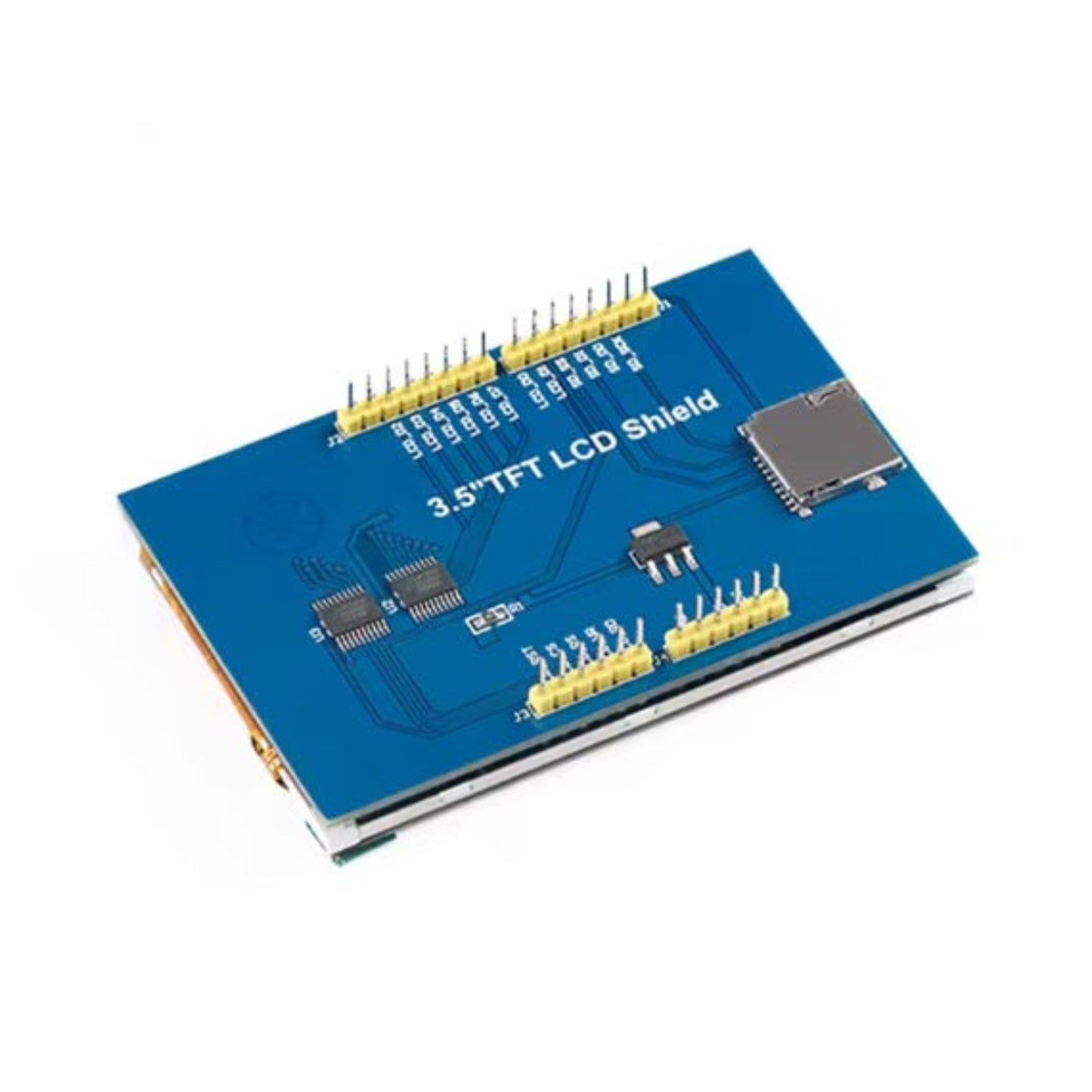 Angled view of the 3.5 inch TFT LCD shield showing the pin headers and SD card slot.
