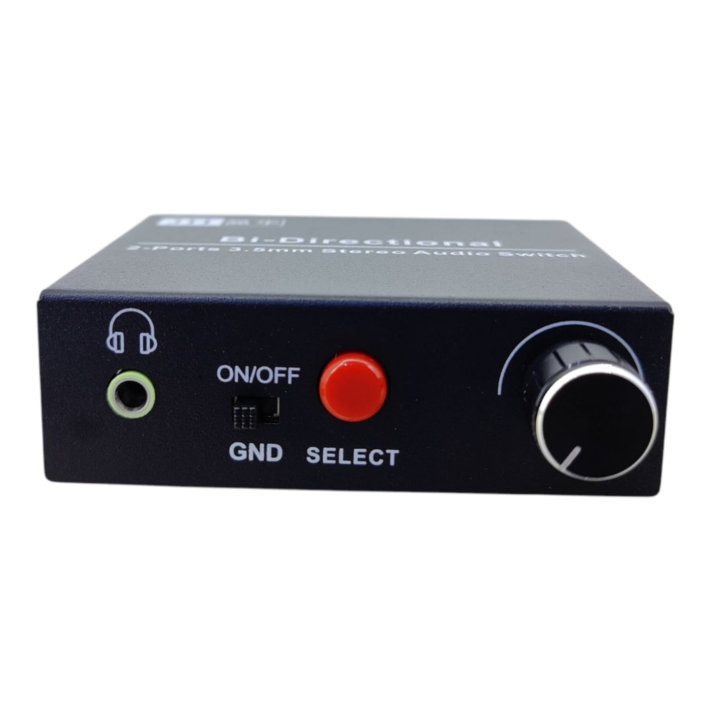 Black audio switch box with labeled buttons on a white background