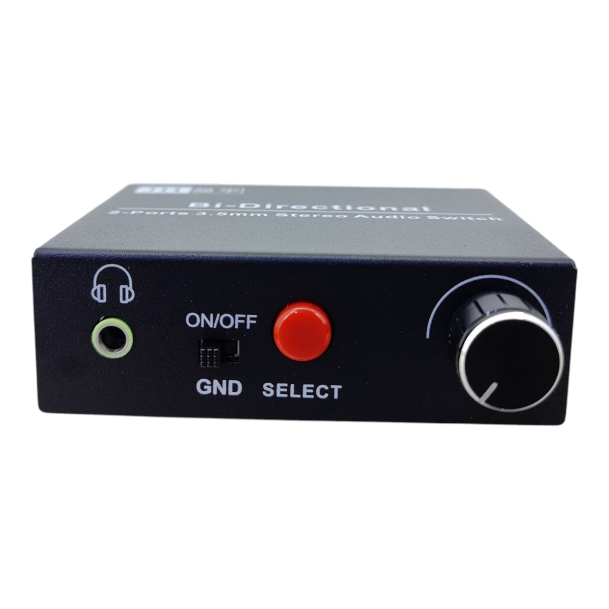 Black audio switch box with labeled buttons on a white background