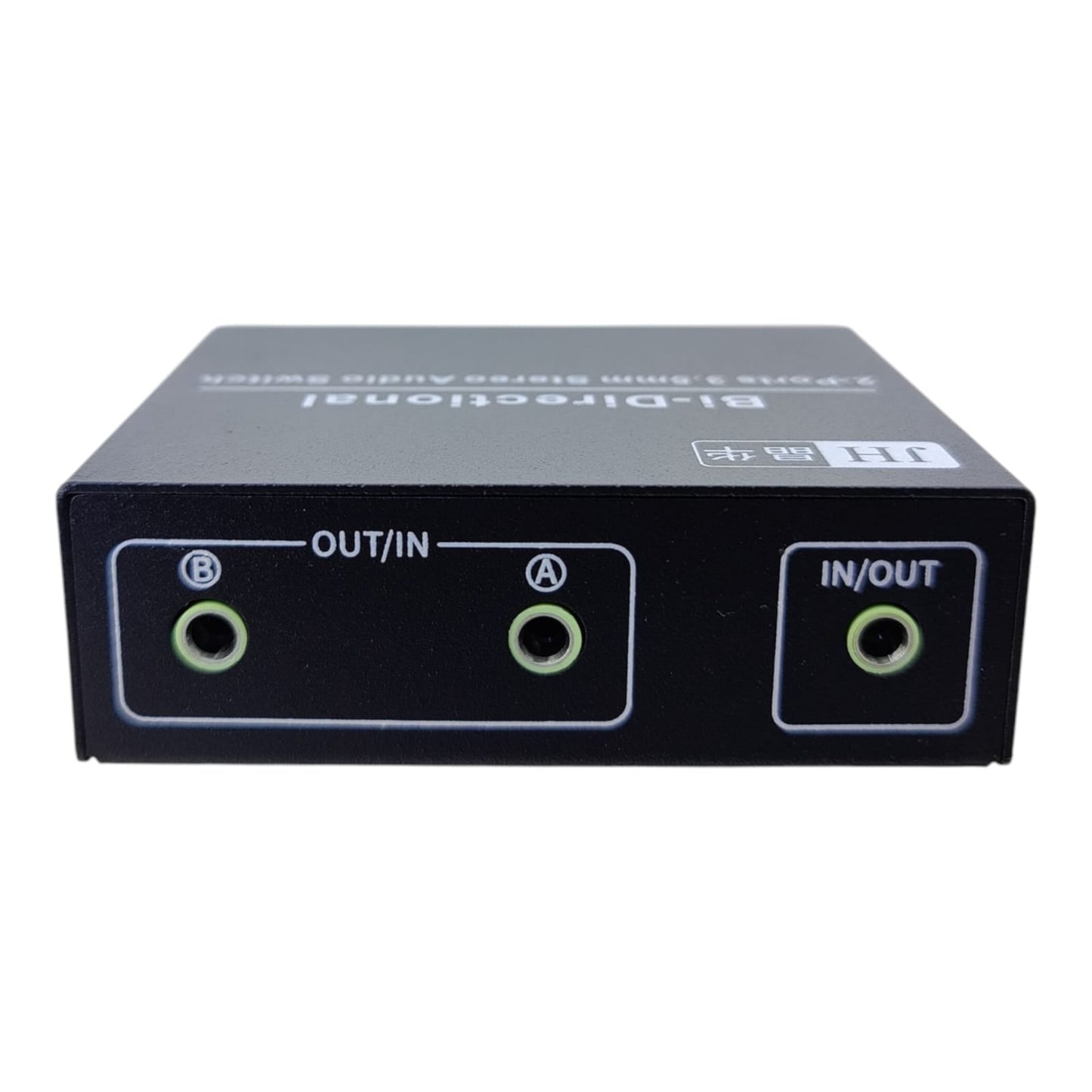 Rear view of the 3.5mm audio switcher showing bi-directional A/B ports and the common IN/OUT port.