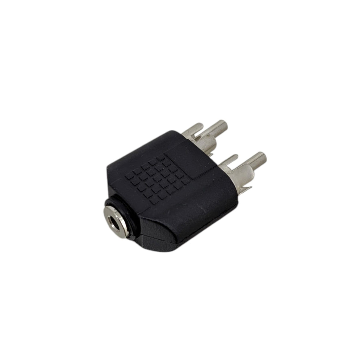 黑色音頻轉接頭，展示一個 3.5mm 母座及兩個 RCA 公頭，專為立體聲音響轉換而設。