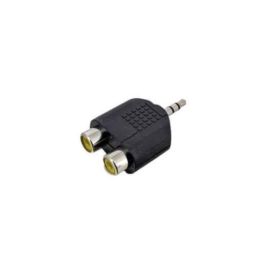黑色音頻轉接頭，展示一個 3.5mm 公頭及兩個 RCA 母座，專為立體聲音響轉換而設。