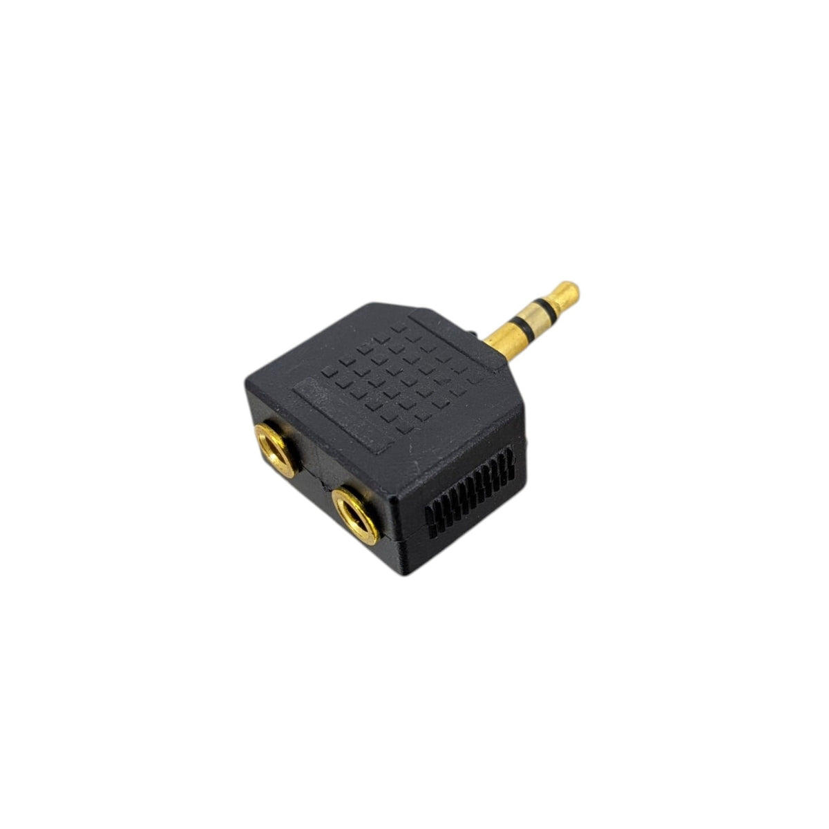 黑色 3.5mm 音頻一開二分線器，展示一個鍍金公頭及兩個母座，適合雙人共享音樂。