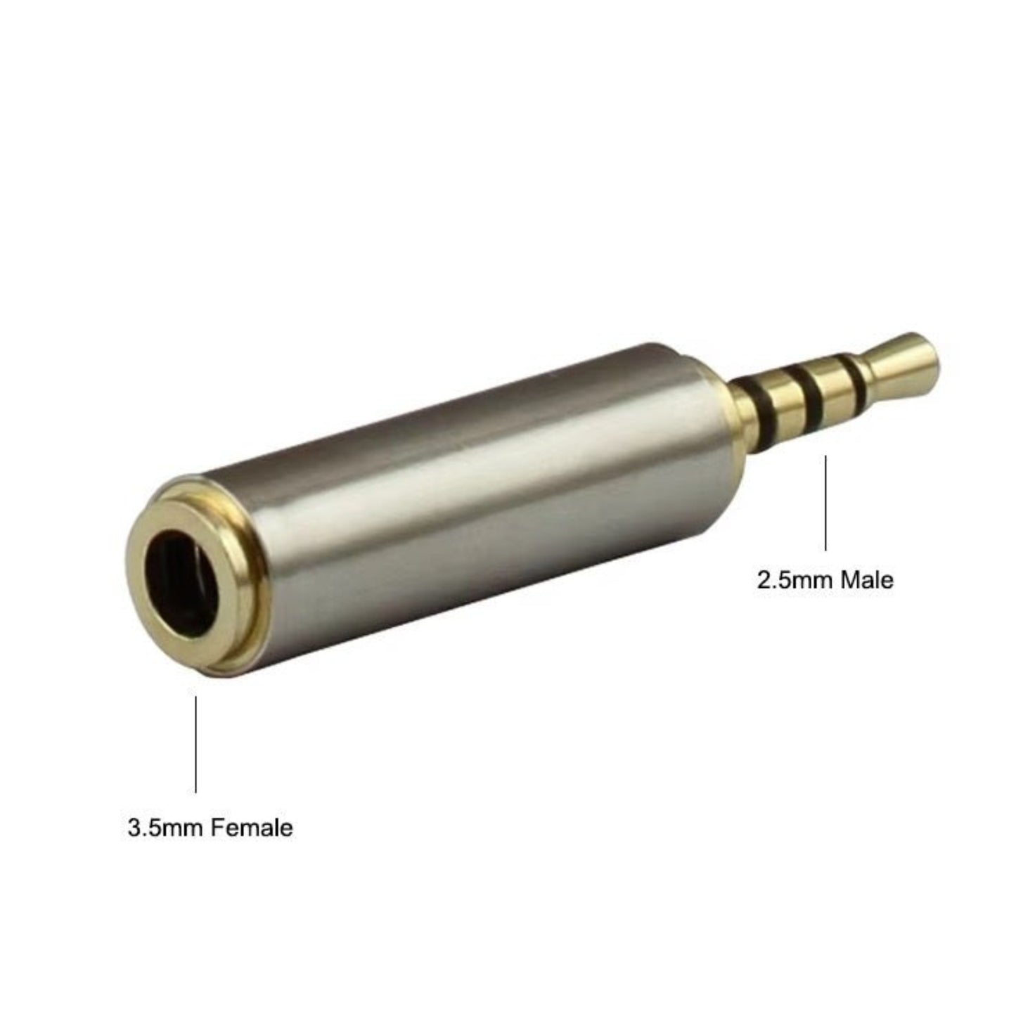 2.5mm to 3.5mm audio adapter for connecting headphones and audio cables, featuring male and female plugs.