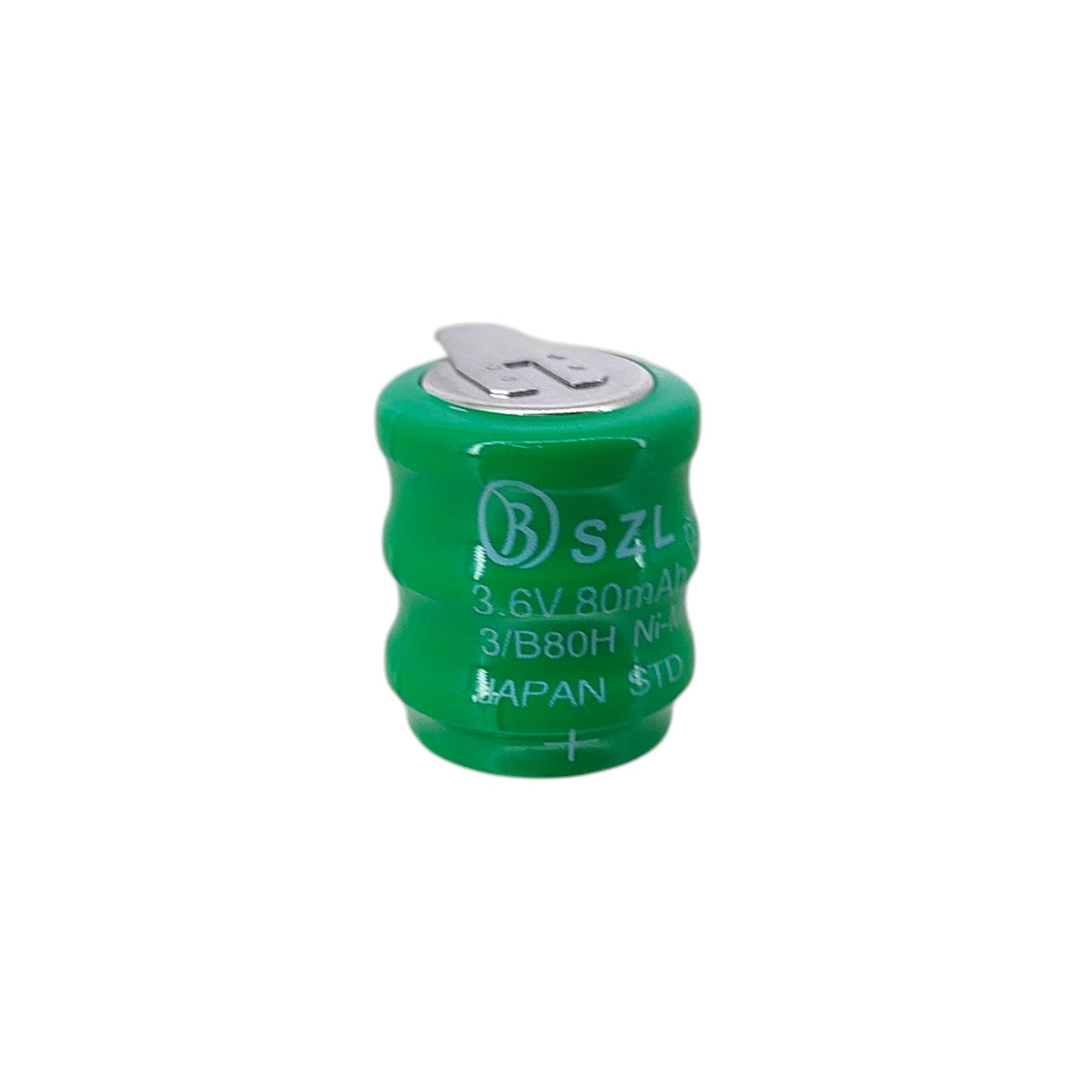 Front view of green 3.6V 80mAh Ni-MH battery showing capacity label.