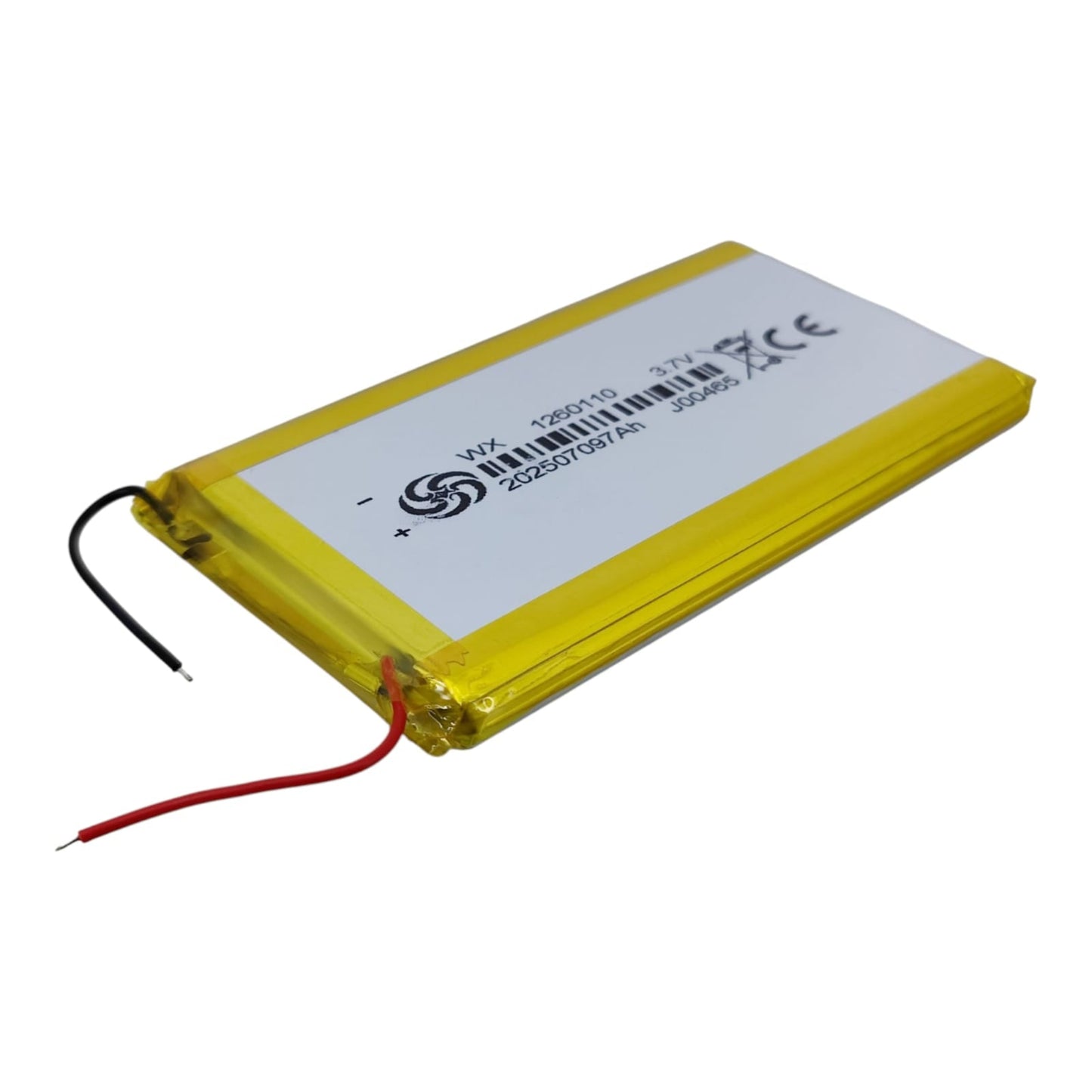 Angled view of 3.7V 10000mAh Lithium Polymer battery with red and black wires.