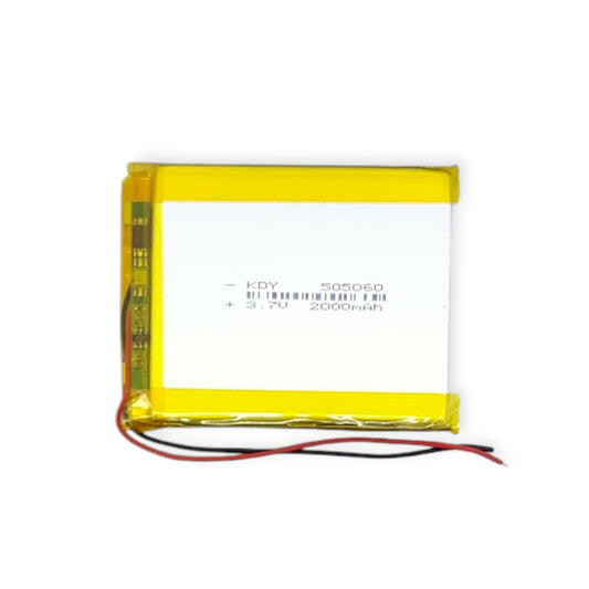 3.7V 2000mAh LiPo battery, model 505060, showing specifications and positive/negative wire leads.