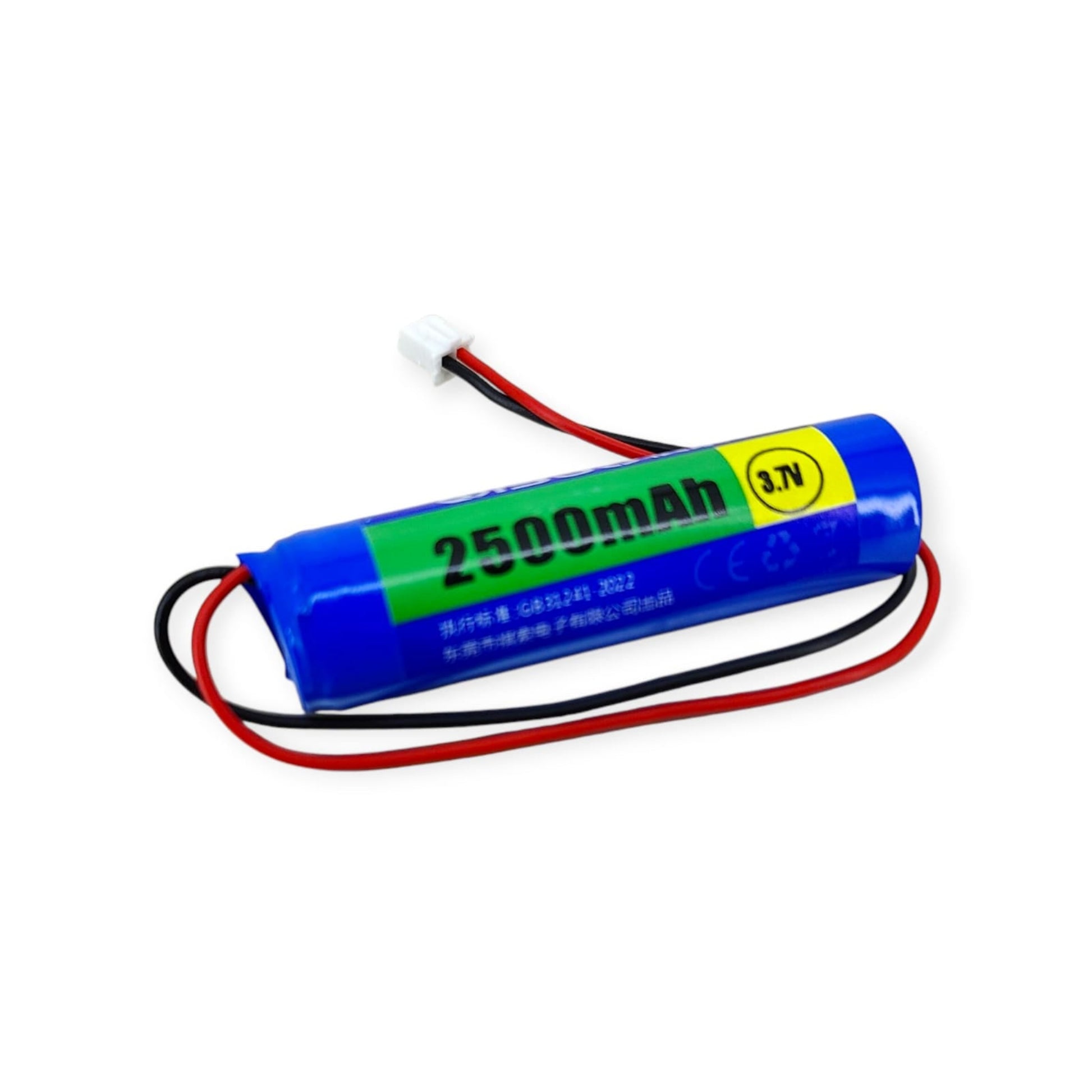 Close-up of the 3.7V 2500mAh single-cell 18650 battery pack with an XH 2.54mm connector.