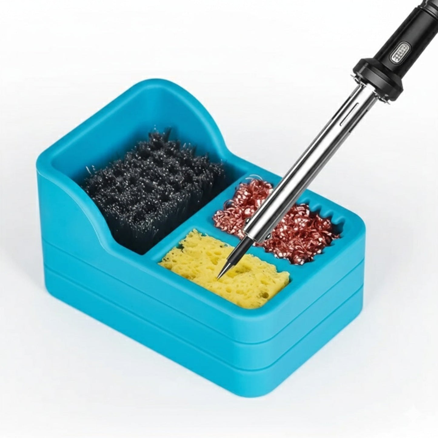 3-in-1 silicone soldering iron tip cleaner box with copper wire, sponge, and steel brush.