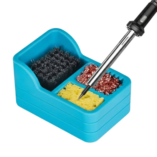 3-in-1 silicone soldering iron tip cleaner box with copper wire, sponge, and steel brush.