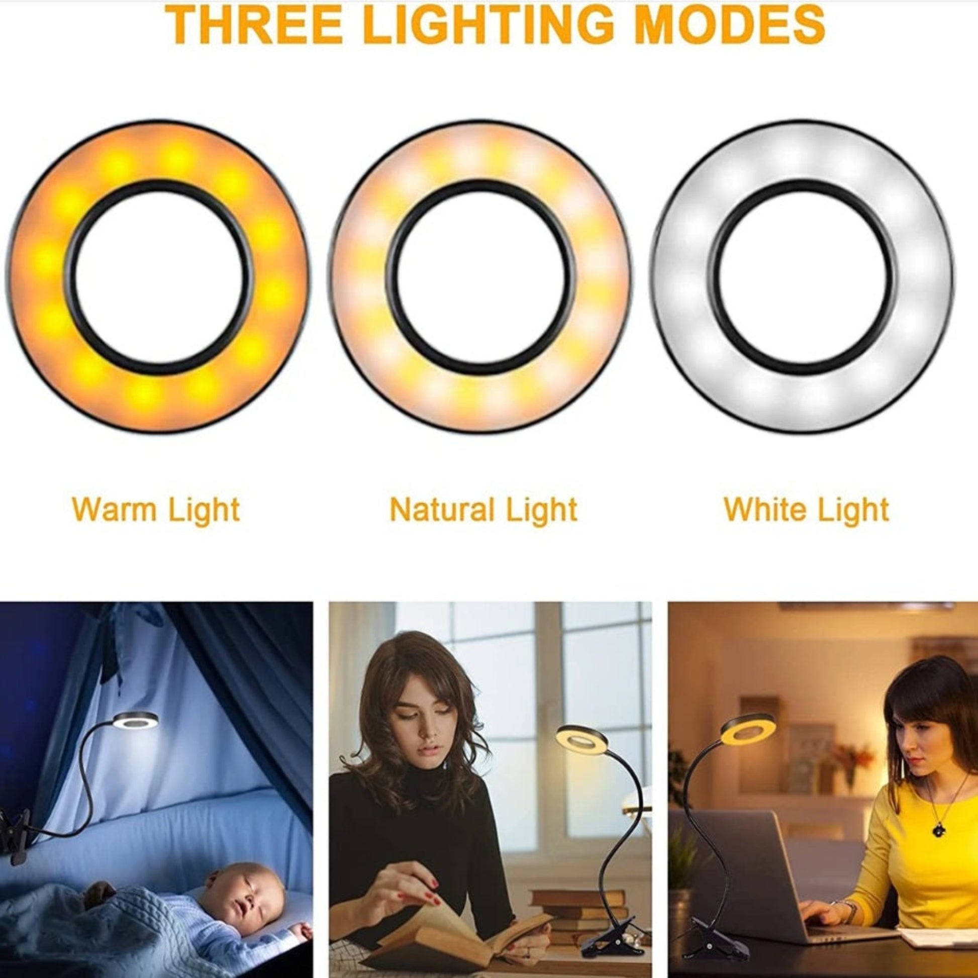 USB LED Clamp Desk Lamp | 3 Color Modes & 10 Brightness Levels showcasing warm, natural, and white light options.