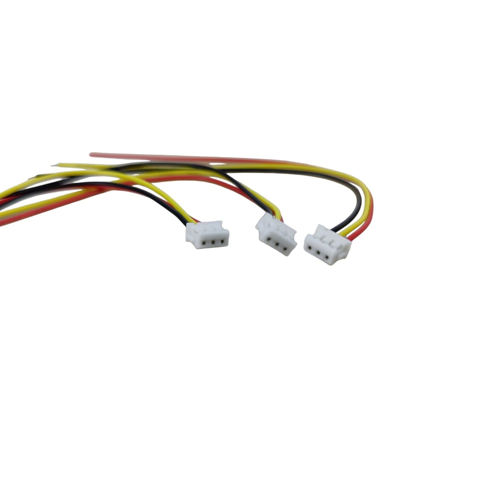Three electrical connectors with multicolored wires on a white background
