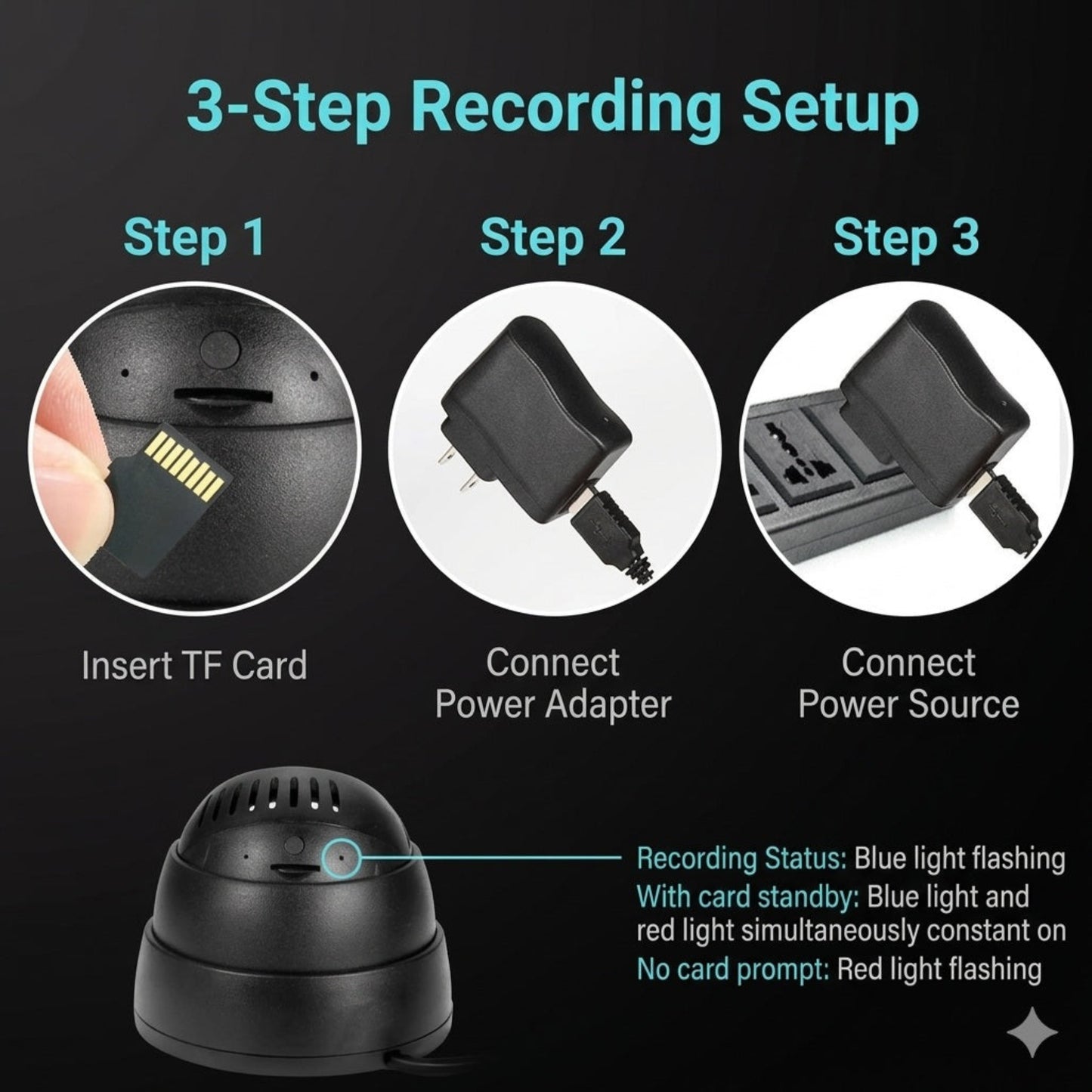 3-step recording setup showing TF card insertion and power connection